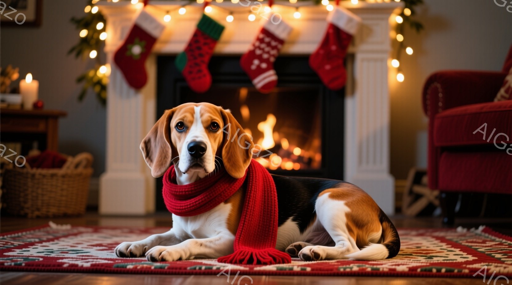 暖炉の前に茶色と白のビーグル犬が、赤いマフラーを巻いて横たわっています。背景にはクリスマスストッキングと光る電飾があり、部屋全体が温かい雰囲気で満たされています。犬は正面を見ており、落ち着いた表情をし - AI生成フリー素材