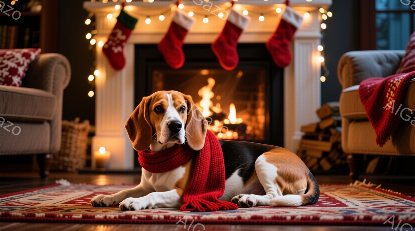 暖炉の前で、赤いマフラーを巻いたビーグル犬が床のカーペットの上に横たわっています。犬はリラックスした表情で、正面を見つめています。背景には、クリスマスソックスが飾られた暖炉と、薄暗い照明、そして居心地 - AI生成フリー素材