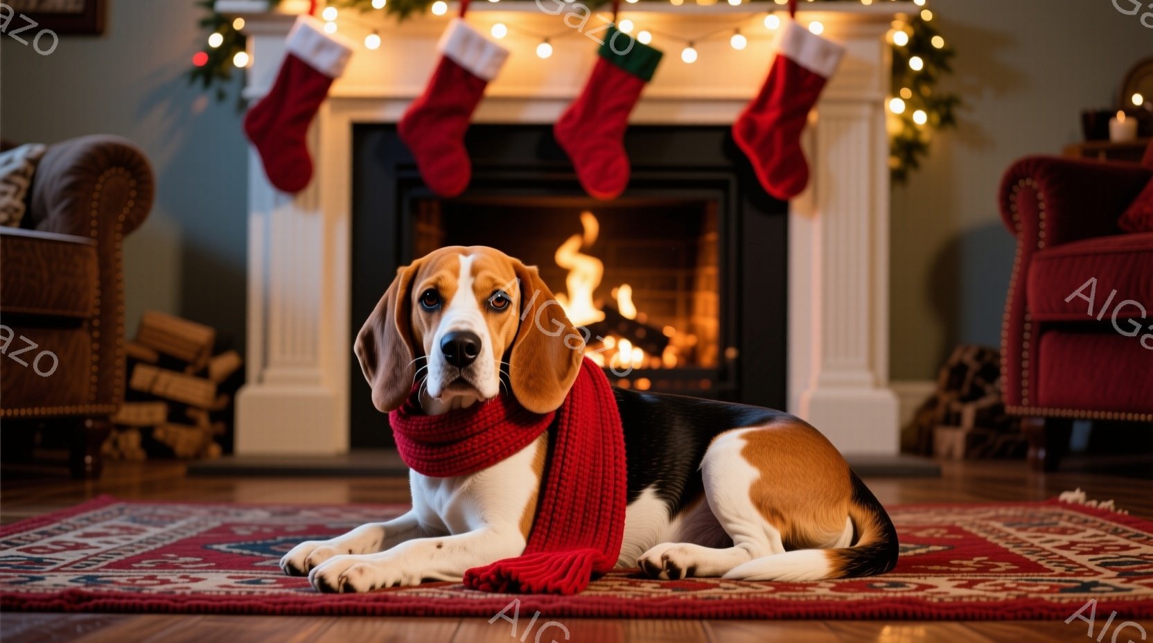 暖炉の前で、赤いマフラーを巻いたビーグル犬が床に横たわっています。犬はリラックスした表情で、正面を見ています。背景には、クリスマスストッキングが飾られた暖炉と、木製の椅子、そして赤いカーペットが見え、 - AI生成フリー素材