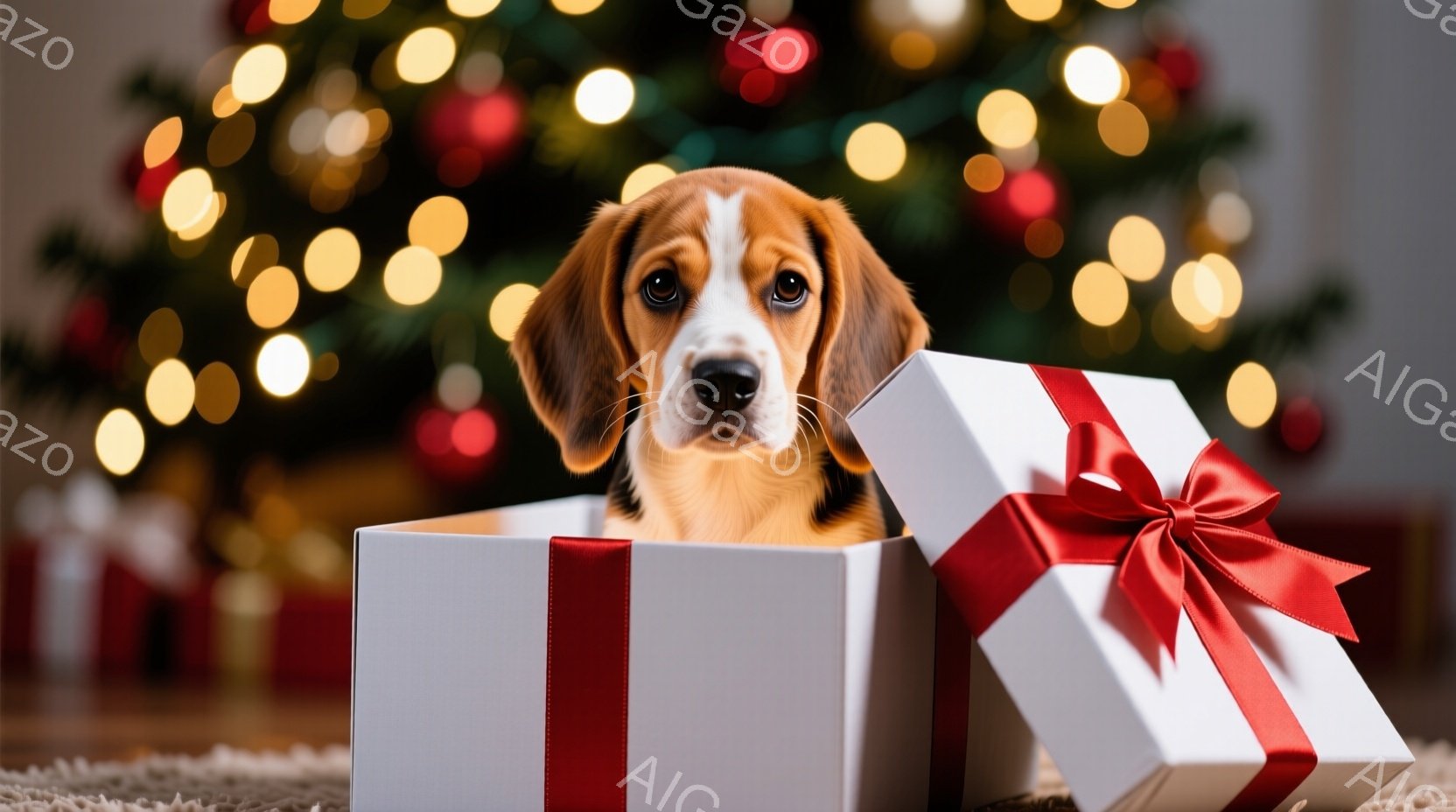 子犬が白いギフトボックスから顔を出しています。ボックスは赤いリボンで飾られており、背景にはぼやけたクリスマスツリーの光が輝いています。暖かく、お祝いの雰囲気で、子犬の愛らしい表情が魅力的です。 - AI生成フリー素材