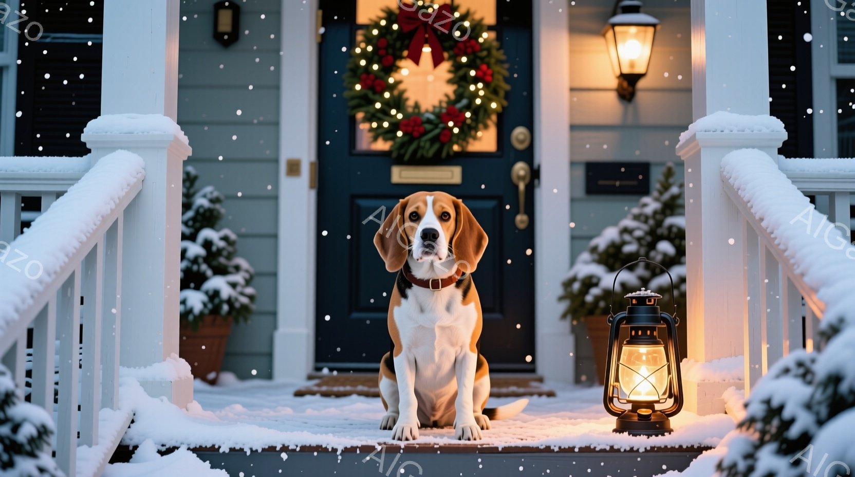 雪が舞う中で、可愛らしいビーグル犬が家の玄関の段差に座っています。犬は茶色と白の毛並みで、首輪を付けており、正面をまっすぐ見ています。背景には、クリスマスリースが飾られた紺色のドア、雪化粧した植物、そ - AI生成フリー素材