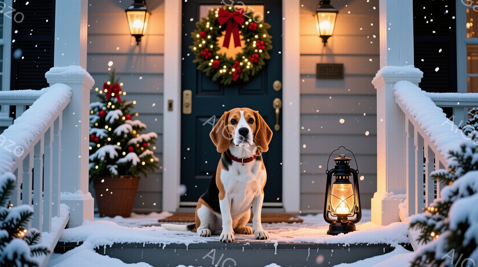 雪が舞う中で、ベランダの階段にビーグル犬が座ってこちらを見ています。背景には、クリスマスリースが飾られた青いドア、小さなクリスマスツリー、そして灯りがともったランタンがあり、冬の暖かい雰囲気を醸し出し - AI生成フリー素材