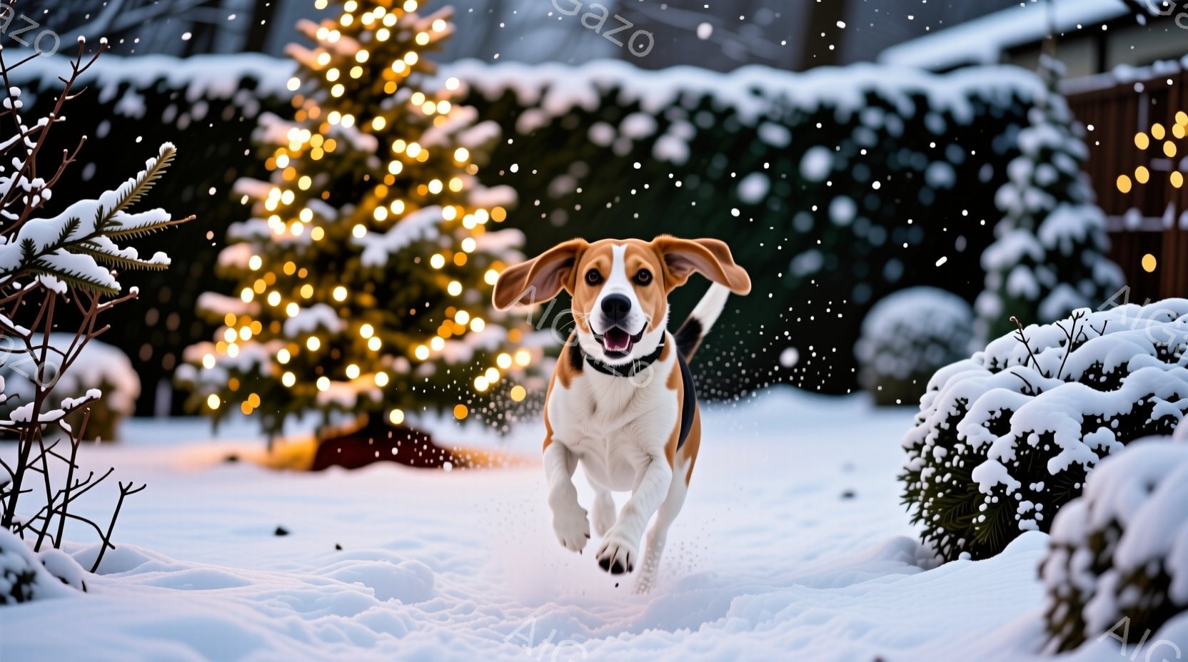 白い雪景色の中で、ビーグル犬が嬉しそうに駆けている姿が捉えられています。犬は首輪をしており、口を開けて舌を出し、楽しそうな表情をしています。背景には雪で覆われた低木や、キラキラと輝くイルミネーションで飾られたクリスマスツリーがあり、冬の暖かく幸せな雰囲気を醸し出しています。