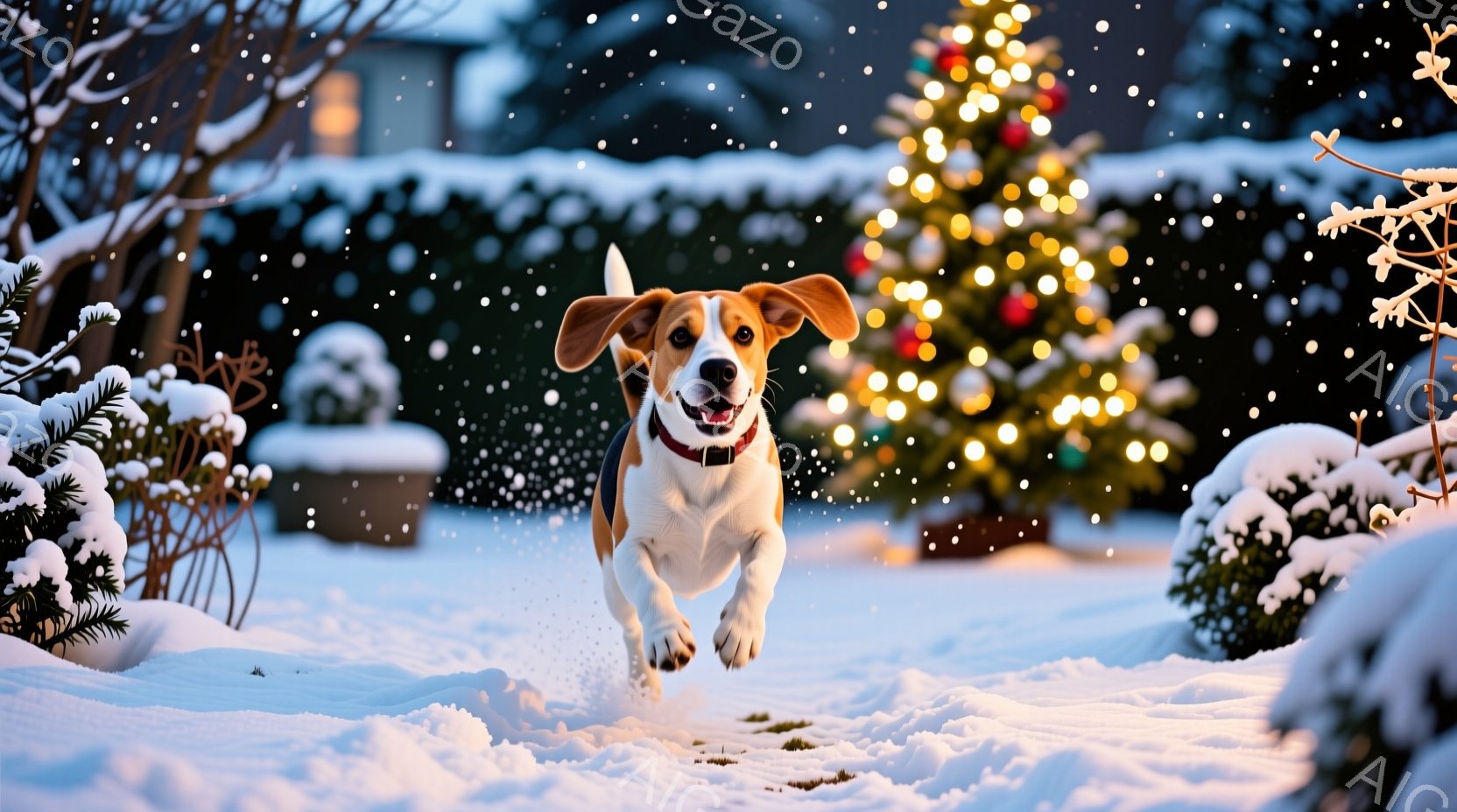 雪景色の中で、ビーグル犬が勢いよく走り出している様子が捉えられています。背景には、キラキラと輝くクリスマスツリーが飾られ、冬の暖かさと祝祭の雰囲気を演出しています。雪が舞い降りる中、犬の表情は喜びにあ - AI生成フリー素材