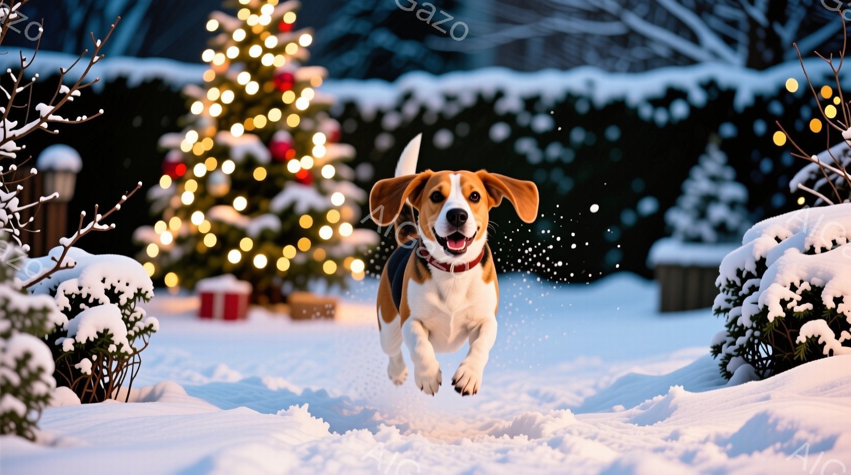 雪が降り積もる庭で、ビーグル犬が勢いよく駆け抜けている。背景にはクリスマスツリーが輝き、プレゼントボックスが置かれ、冬の暖かく華やかな雰囲気を演出している。犬は赤い首輪をつけ、口を開けて楽しそうに雪の - AI生成フリー素材