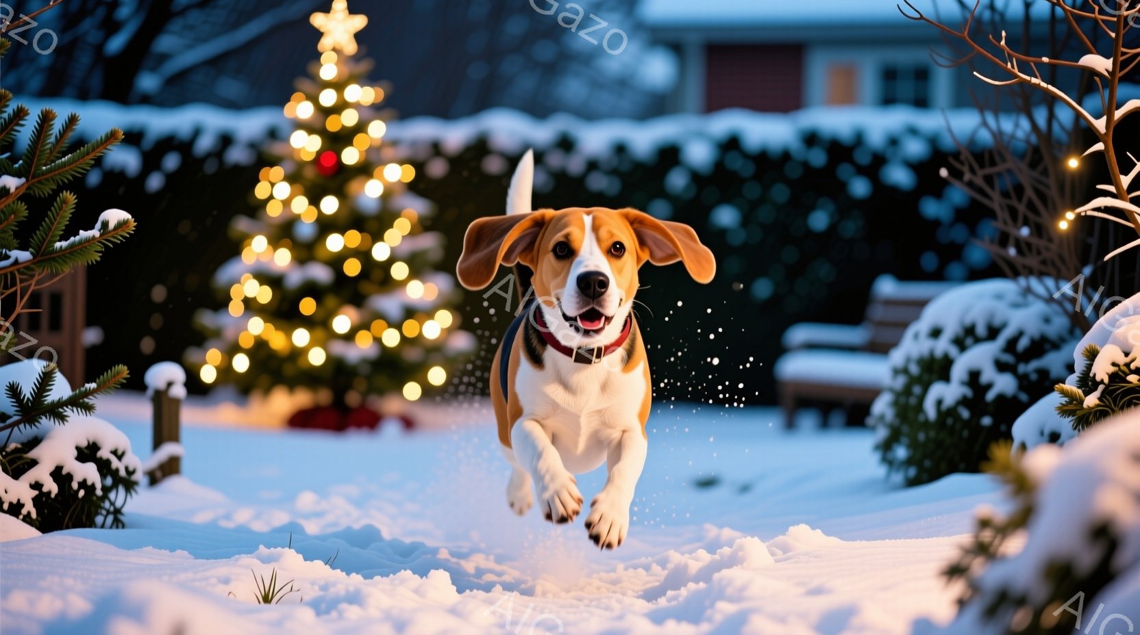 白い雪に覆われた庭で、ビーグル犬が勢いよく走っている。背景にはクリスマスツリーの温かい光が輝き、雪に覆われた茂みや建物がぼんやりと見える。犬は赤い首輪をつけており、楽しそうな表情で冬の風景の中を駆け抜 - AI生成フリー素材