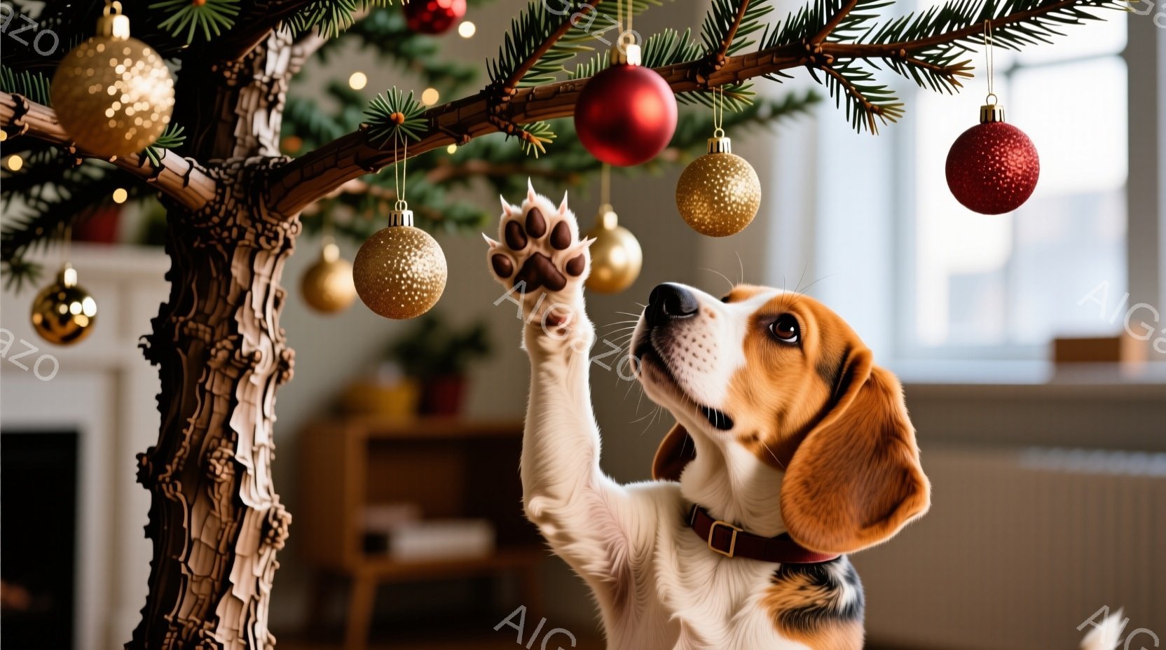 ビークル犬がクリスマスツリーに向かって前足を伸ばし、赤いオーナメントを見つめています。犬は明るい茶色と白の毛並みで、好奇心と楽しさが表情に表れています。背景には暖炉や家具が見え、室内の温かく穏やかなク - AI生成フリー素材