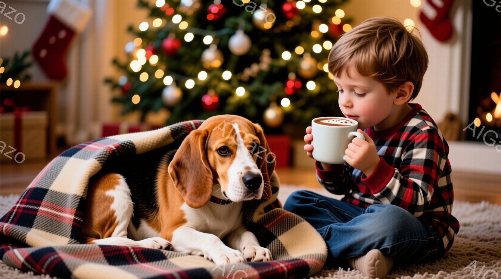 少年はチェック柄のシャツとジーンズを着て、床に座り、湯気を立てるマグカップを両手で抱えています。隣には、チェック柄のブランケットの上に横たわる茶色のビーグル犬がおり、リラックスした様子でこちらを見てい - AI生成フリー素材