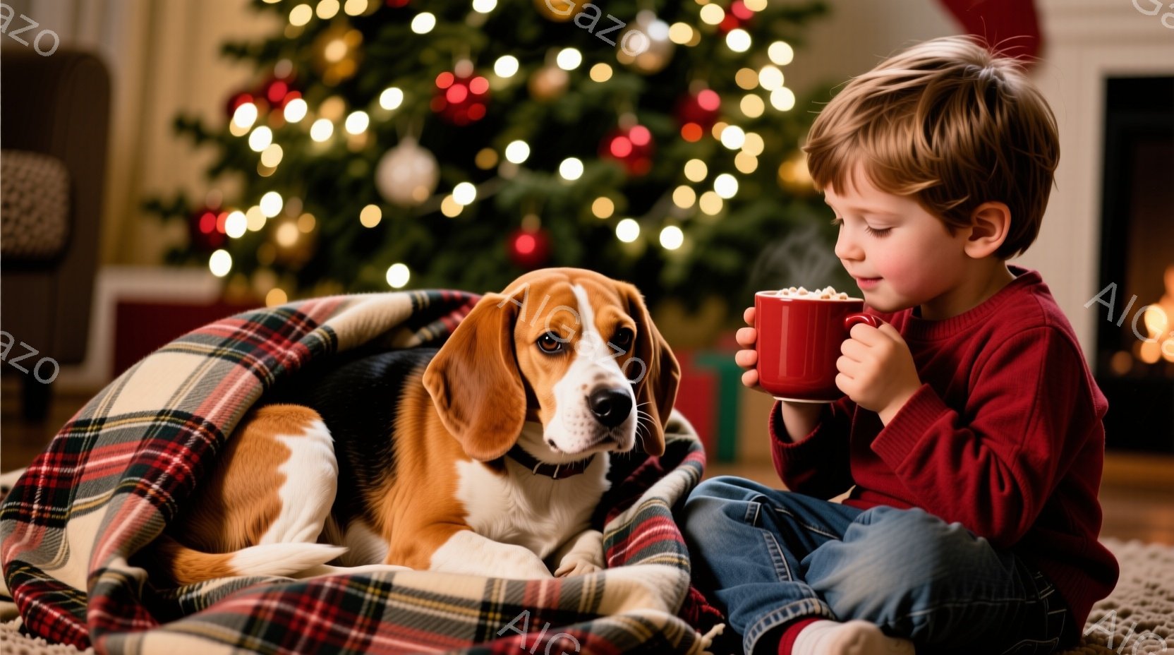 少年は赤いセーターと水色のズボンを身に着け、暖炉のそばで膝を抱えて座っています。横には、チェック柄のブランケットに身を寄せたビーグル犬がおり、リラックスした様子で横たわっています。背景には、明るく輝くクリスマスツリーとプレゼントが置かれ、温かく家庭的な雰囲気を醸し出しています。