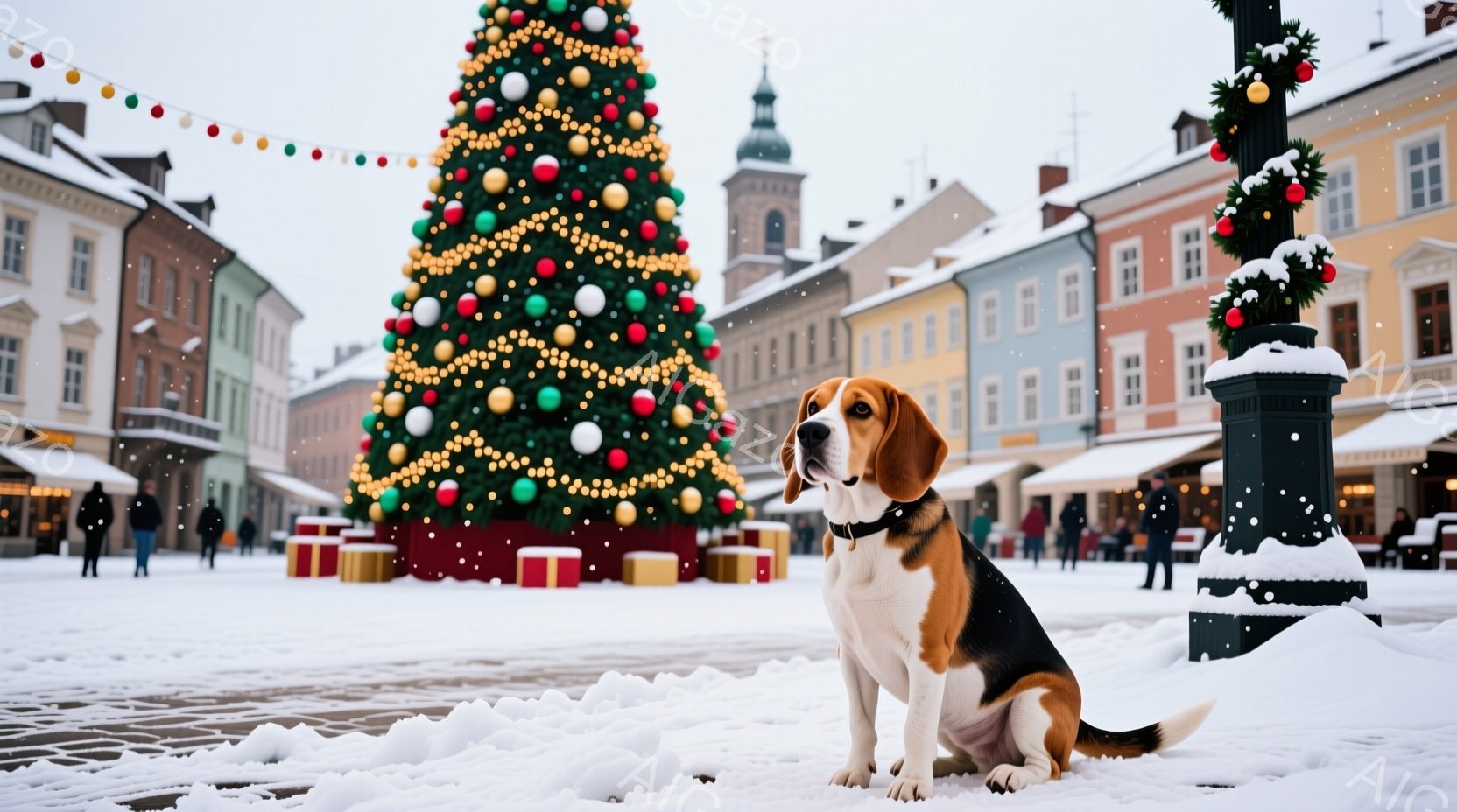 広場に立つビーグル犬が、クリスマスツリーの前で座っています。雪が舞い降りる中、犬はまっすぐ前を見つめ、落ち着いた表情を浮かべています。背景にはカラフルな建物が立ち並び、クリスマスの飾り付けが施された街並みが広がっています。