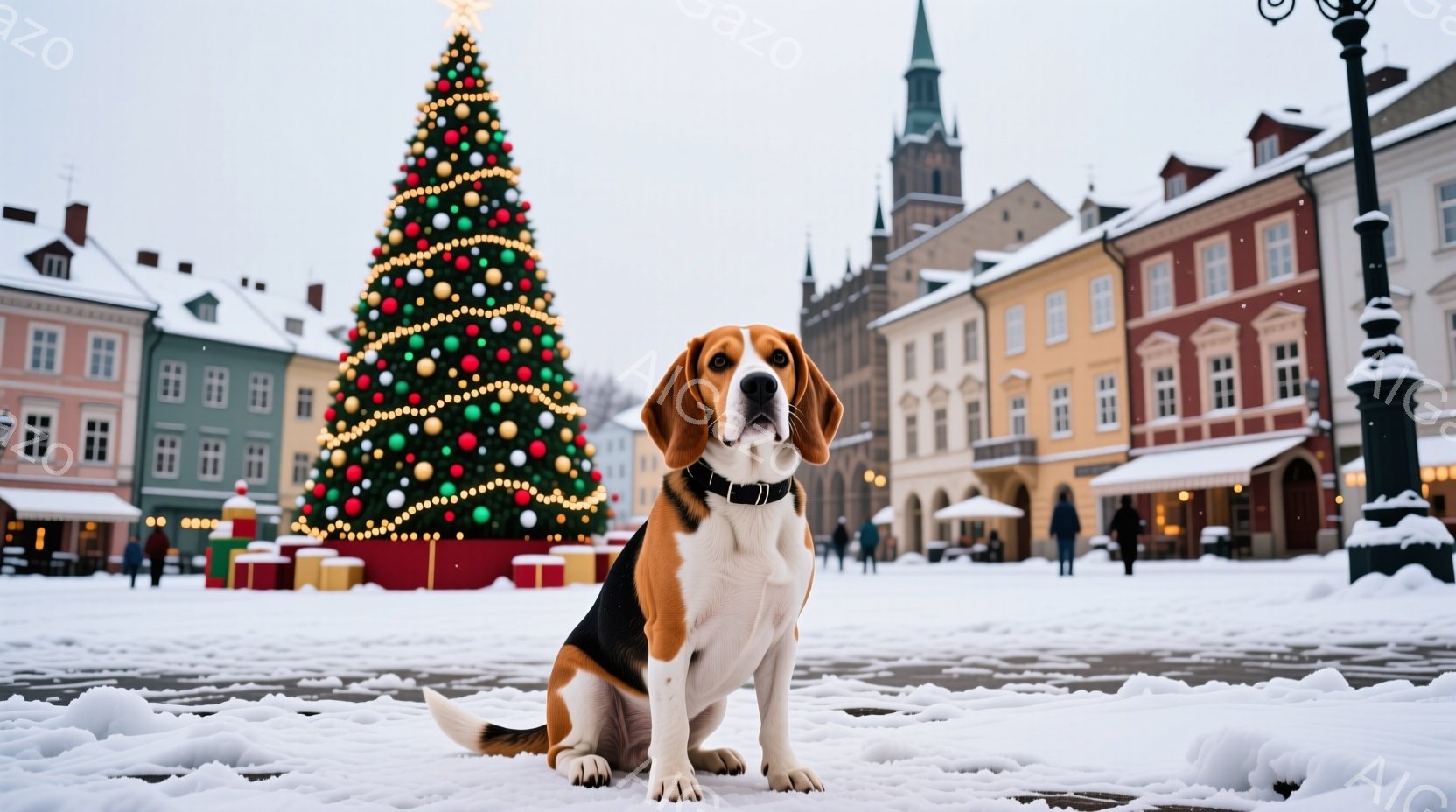 白と茶色のビーグル犬が雪で覆われた広場の真ん中に座っており、背景にはクリスマスツリーとプレゼントの箱が見えます。犬は首輪をつけており、まっすぐ前を見て穏やかな表情をしています。広場の周りにはカラフルな - AI生成フリー素材