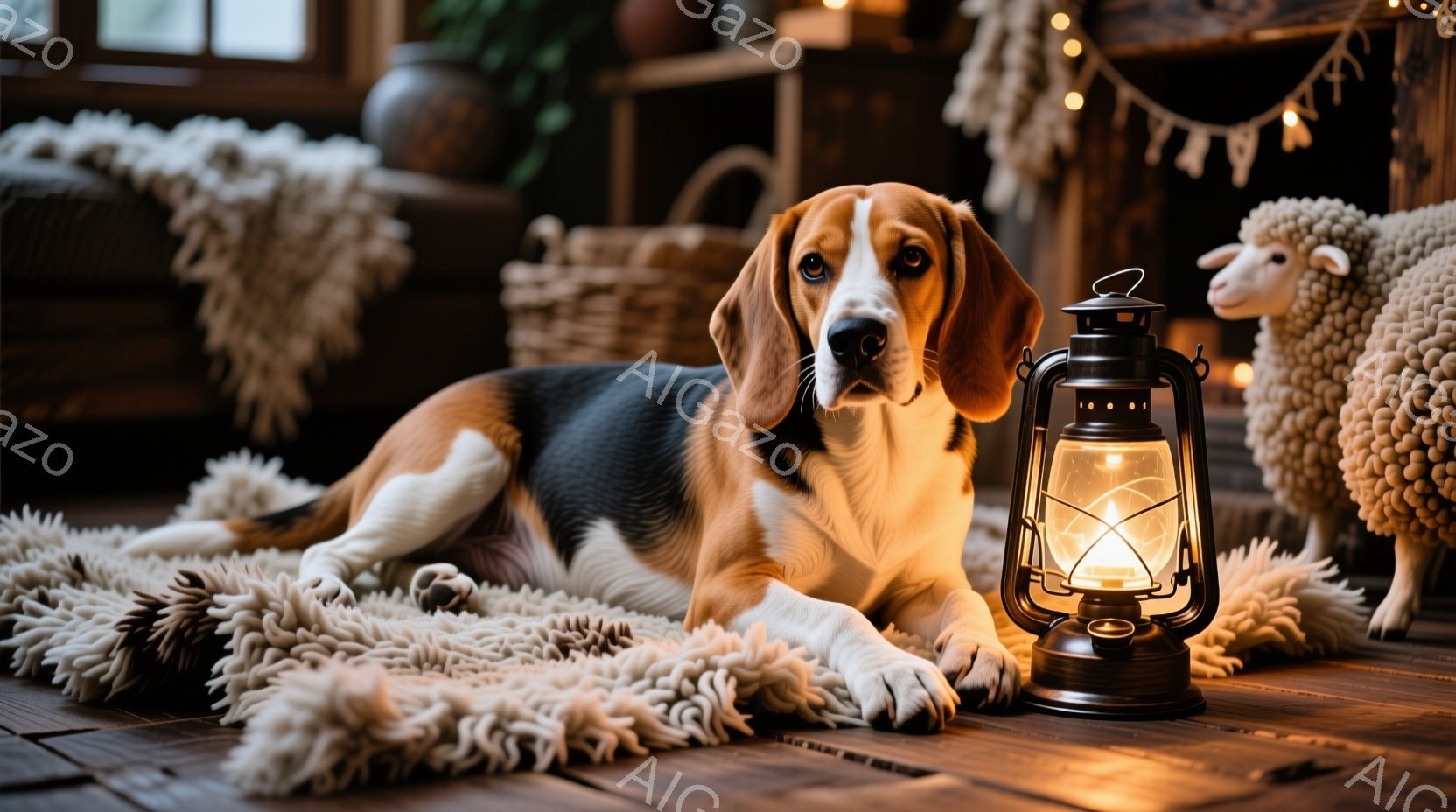 茶色と白の模様を持つビーグル犬が、ふわふわの白いラグの上に横たわっています。そばには、温かい光を放つオイルランプが置かれ、背景には白い羊のぬいぐるみと、木製の棚、植物が見えます。全体的に暖かく、居心地の良い、冬の雰囲気を感じさせる写真です。
