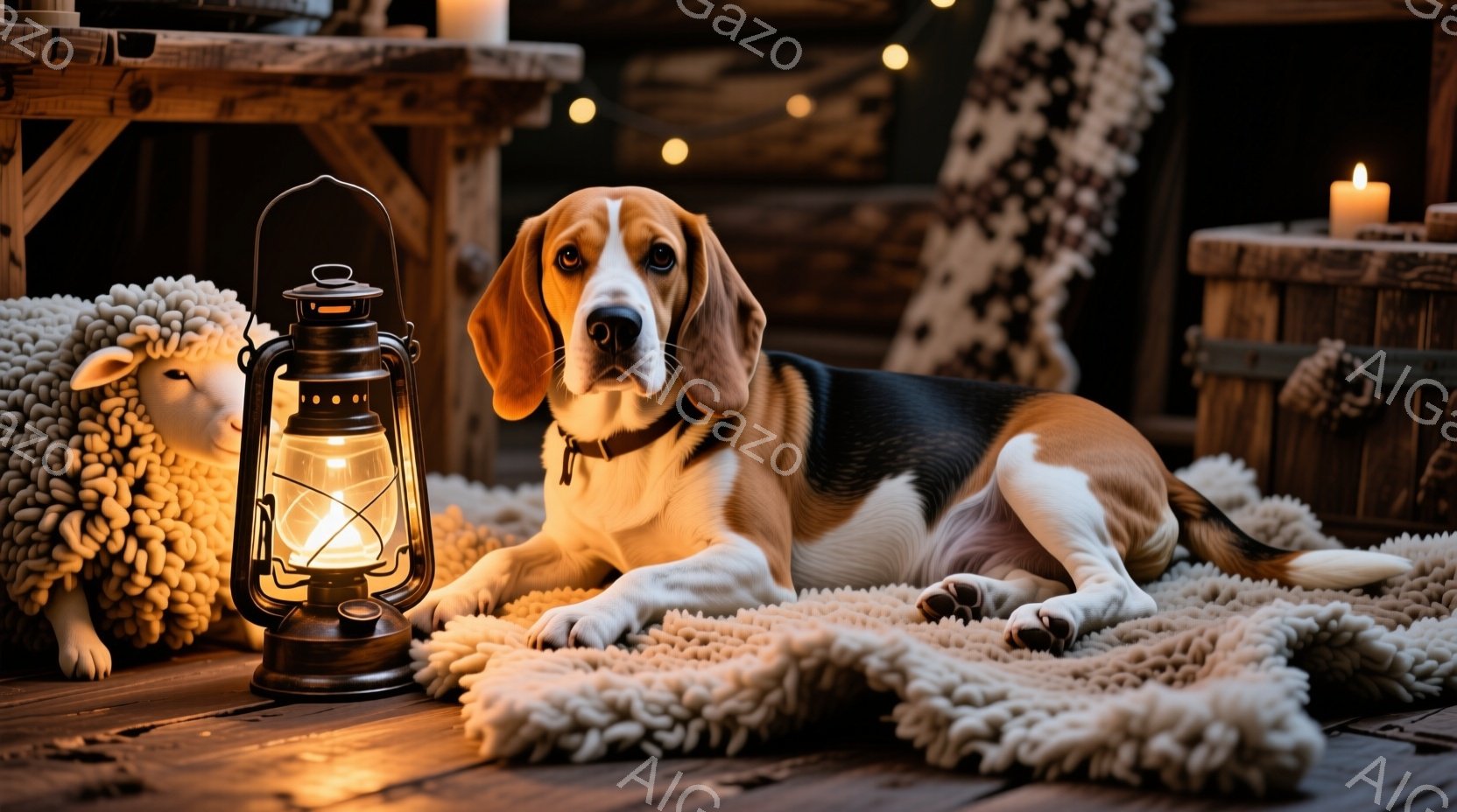 温かい光に照らされたビーグル犬が、ふわふわのラグの上に横たわっています。犬は茶色の首輪をつけ、リラックスした表情で正面を見つめており、近くにはオイルランプと毛皮のような装飾が置かれています。背景には木製の家具やキャンドルが見え、落ち着いた、心地よい雰囲気が漂っています。