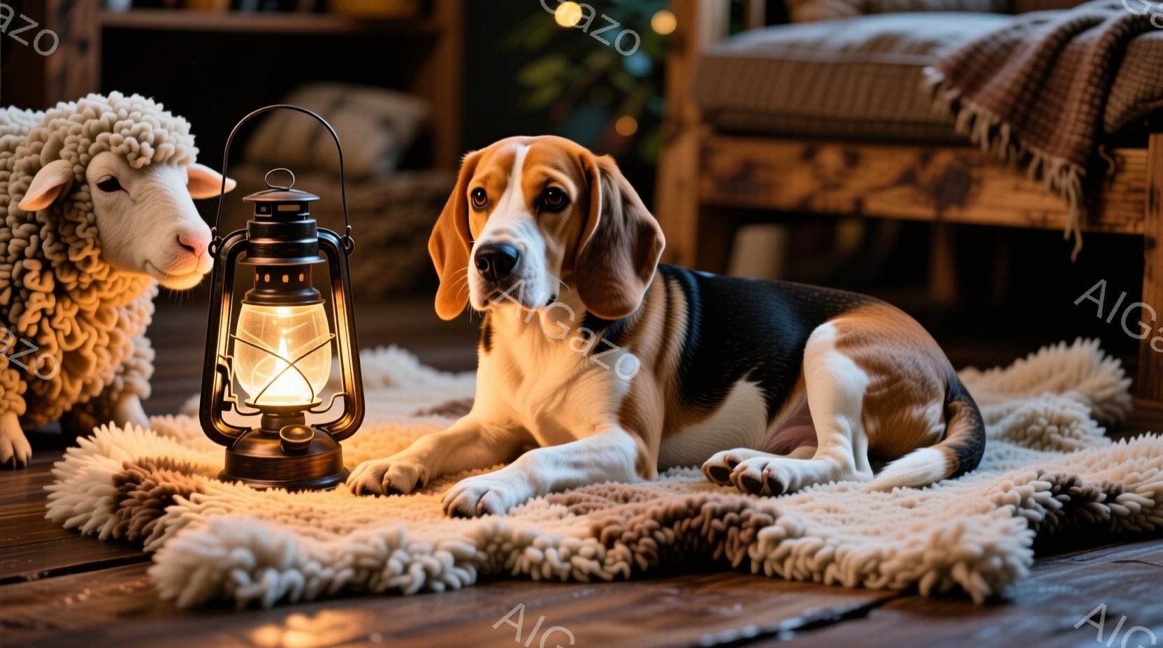 茶色と白のビーグル犬が、ふわふわとしたベージュのラグの上に横たわっています。犬のそばには、点灯したオイルランプが置かれ、暖かく柔らかな光を投げかけています。背景には木製の家具や、ぼやけた緑の植物が見え - AI生成フリー素材