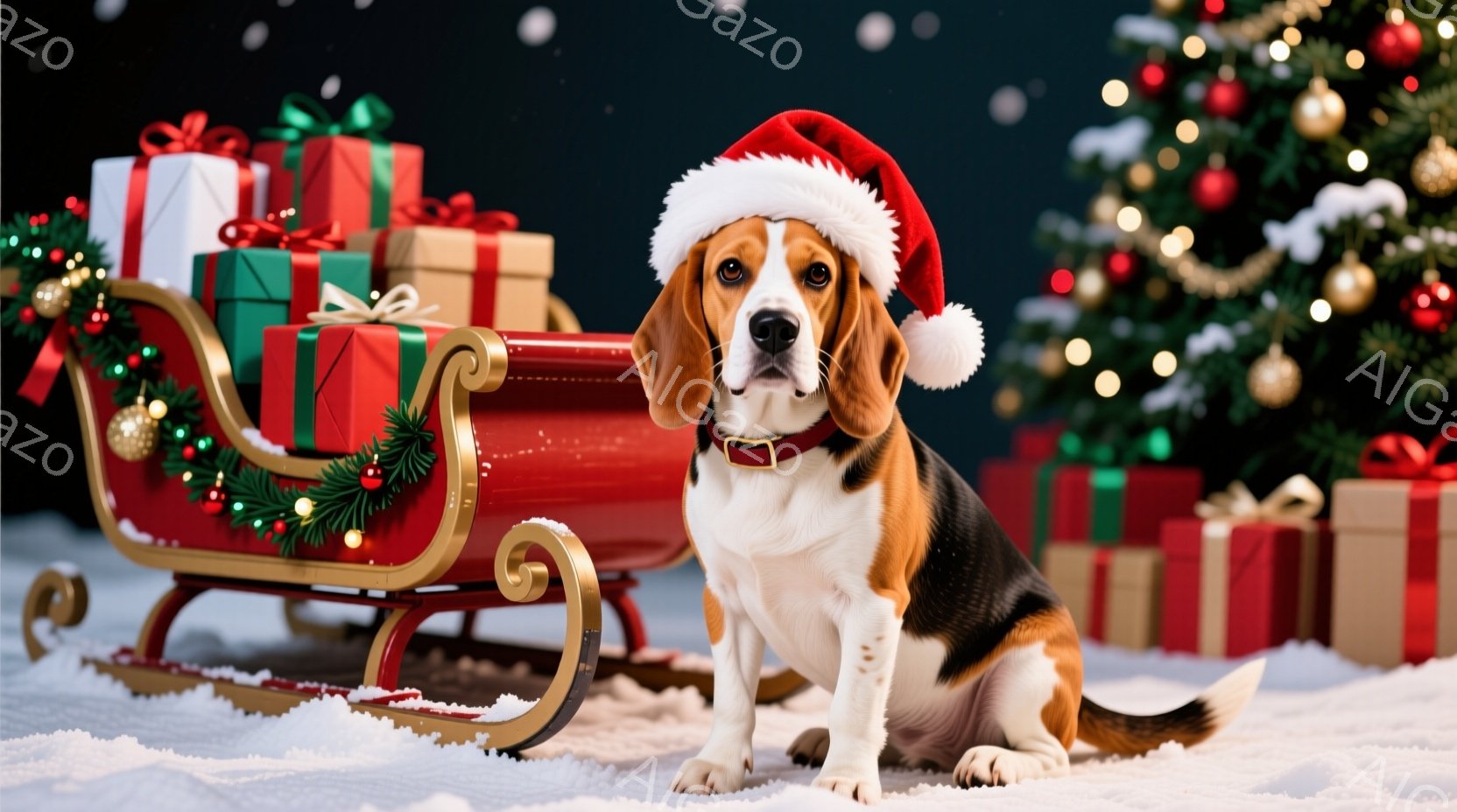 白と茶色のビーグル犬が、クリスマスのサンタの帽子をかぶって雪の上に座っています。背景には、クリスマスツリー、プレゼントの山、そして飾り付けられたそりが置かれています。全体的に、暖かく、お祝いの雰囲気で - AI生成フリー素材