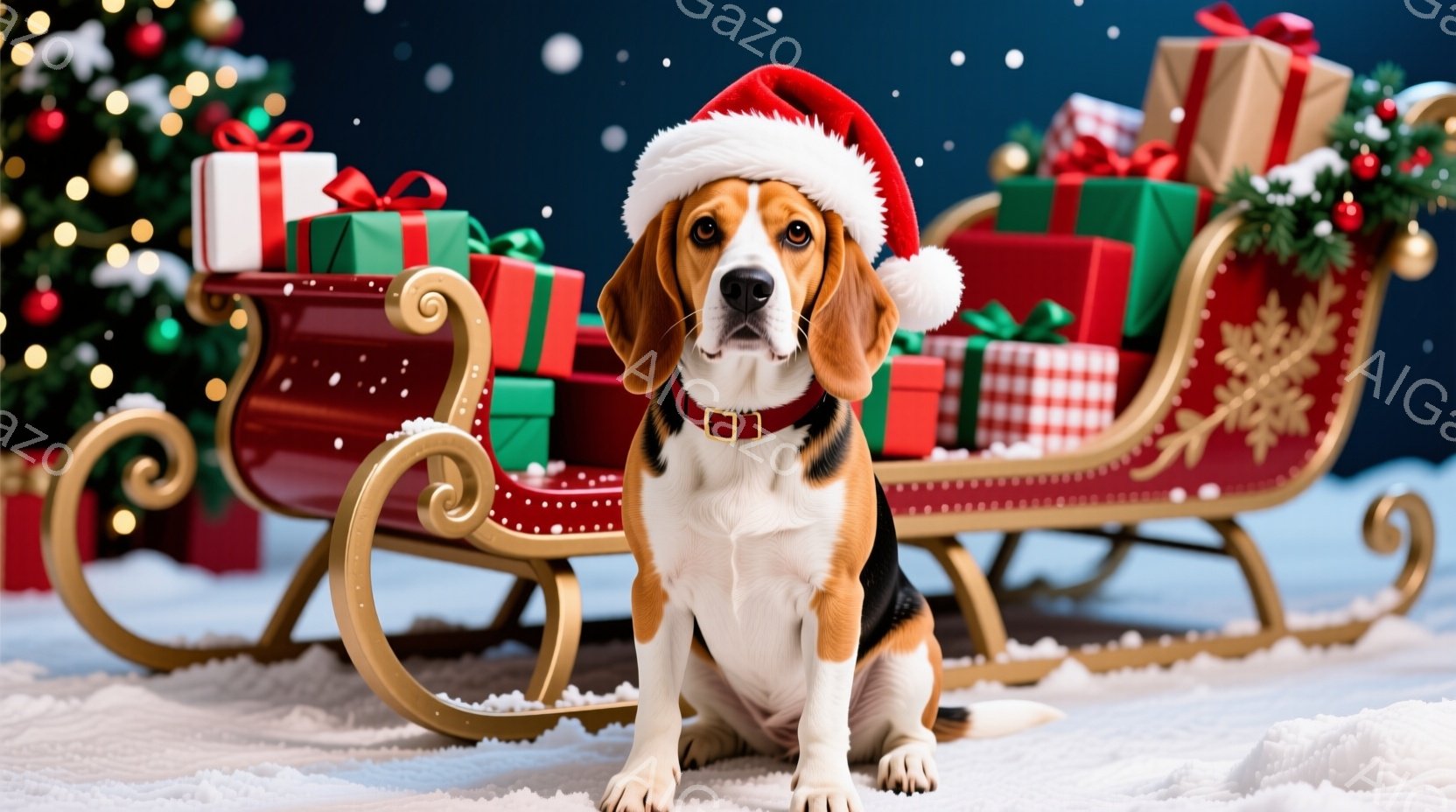 白と茶色のビーグル犬が、赤いサンタ帽を被り、金色のバックル付きの赤い首輪をつけて座っています。犬は雪の上に座っており、背後にはプレゼントでいっぱいの赤いそりが置かれています。背景にはキラキラと輝く雪と - AI生成フリー素材