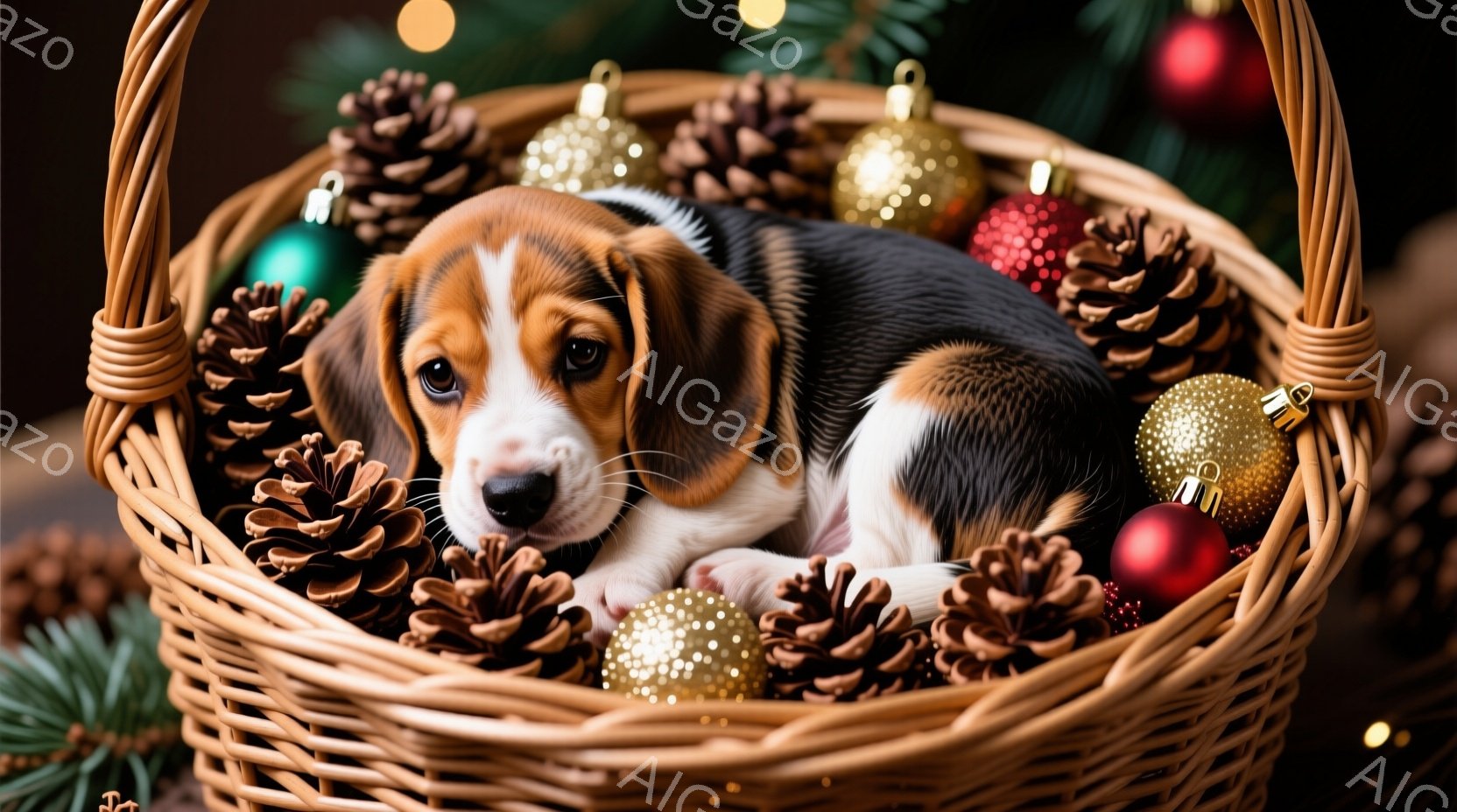 籐で編まれたバスケットの中に、小さなビーグル犬の子犬が丸まって眠っています。バスケットは松ぼっくりやキラキラしたオーナメントで満たされ、背景には緑の葉とぼやけた光が散りばめられ、クリスマスの温かく穏や - AI生成フリー素材