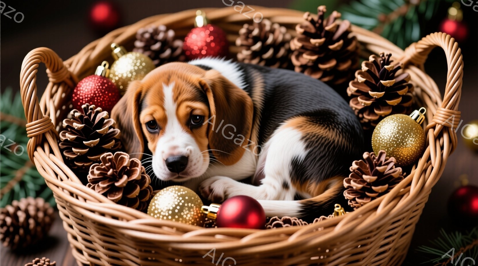 茶色の編み込みのバスケットの中に、子犬が丸まって眠っています。周りには松ぼっくりと赤い、金色のクリスマスオーナメントが散りばめられ、冬の暖かく心地よい雰囲気を醸し出しています。子犬はリラックスした表情 - AI生成フリー素材