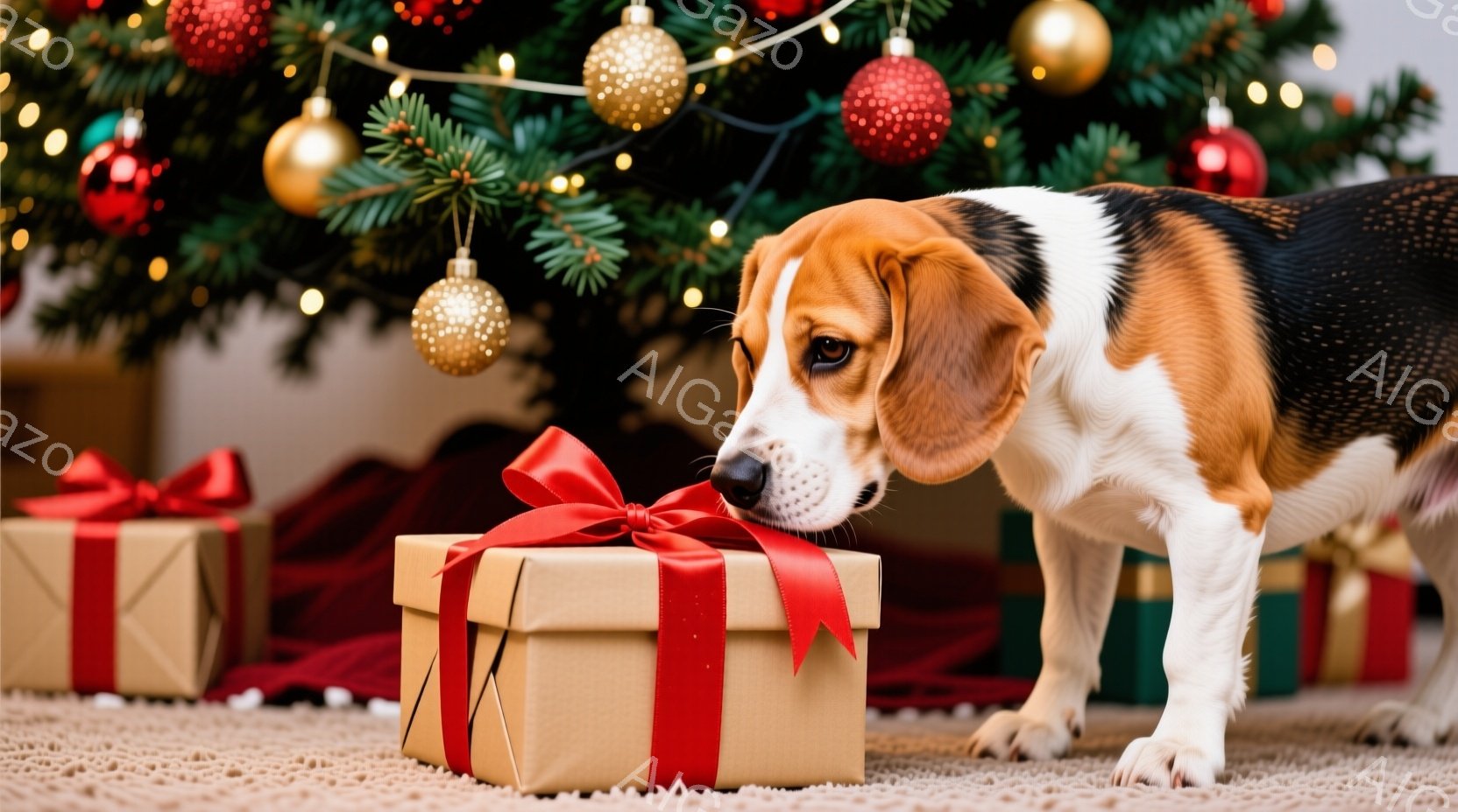 ビーグル犬が、赤いリボンで結ばれた茶色のギフトボックスの匂いを嗅いでいます。背景には、クリスマスツリーの飾りと他のプレゼントボックスがぼやけて見え、暖かくお祝いの雰囲気が漂っています。犬はまっすぐに立 - AI生成フリー素材