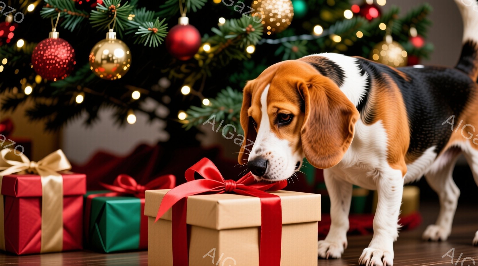 暖炉のそばにプレゼントが置かれ、ビーグル犬が一番前のプレゼントを匂っています。プレゼントは茶色と緑色で、赤いリボンで飾られています。背景には、輝く電飾とオーナメントで飾られたクリスマスツリーがあり、暖 - AI生成フリー素材