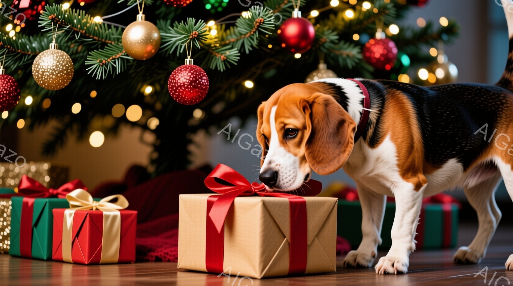 クリスマスの背景に、茶色の包装紙でラッピングされたプレゼントの前にビーグル犬が鼻を近づけています。犬は茶色、白、黒の毛並みで、赤い首輪を着用し、プレゼントの匂いを嗅いでいるようです。背景には、飾り付け - AI生成フリー素材