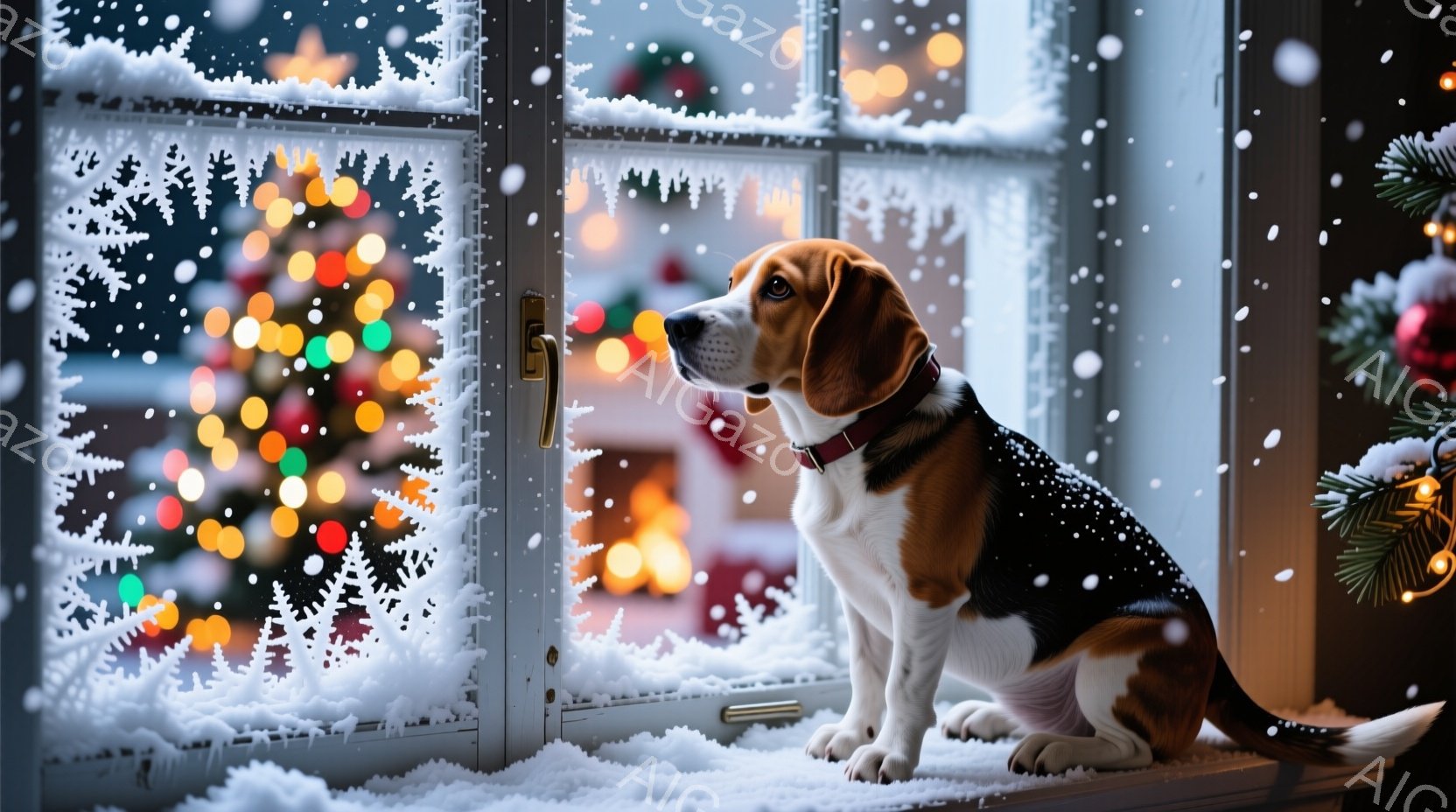 白と茶色のビーグル犬が、雪で覆われた窓枠に座って外を見つめています。背景にはぼやけたクリスマスツリーの光が輝き、雪が舞う冬の暖かい雰囲気を醸し出しています。犬は赤い首輪をつけており、少し物憂げな表情で - AI生成フリー素材