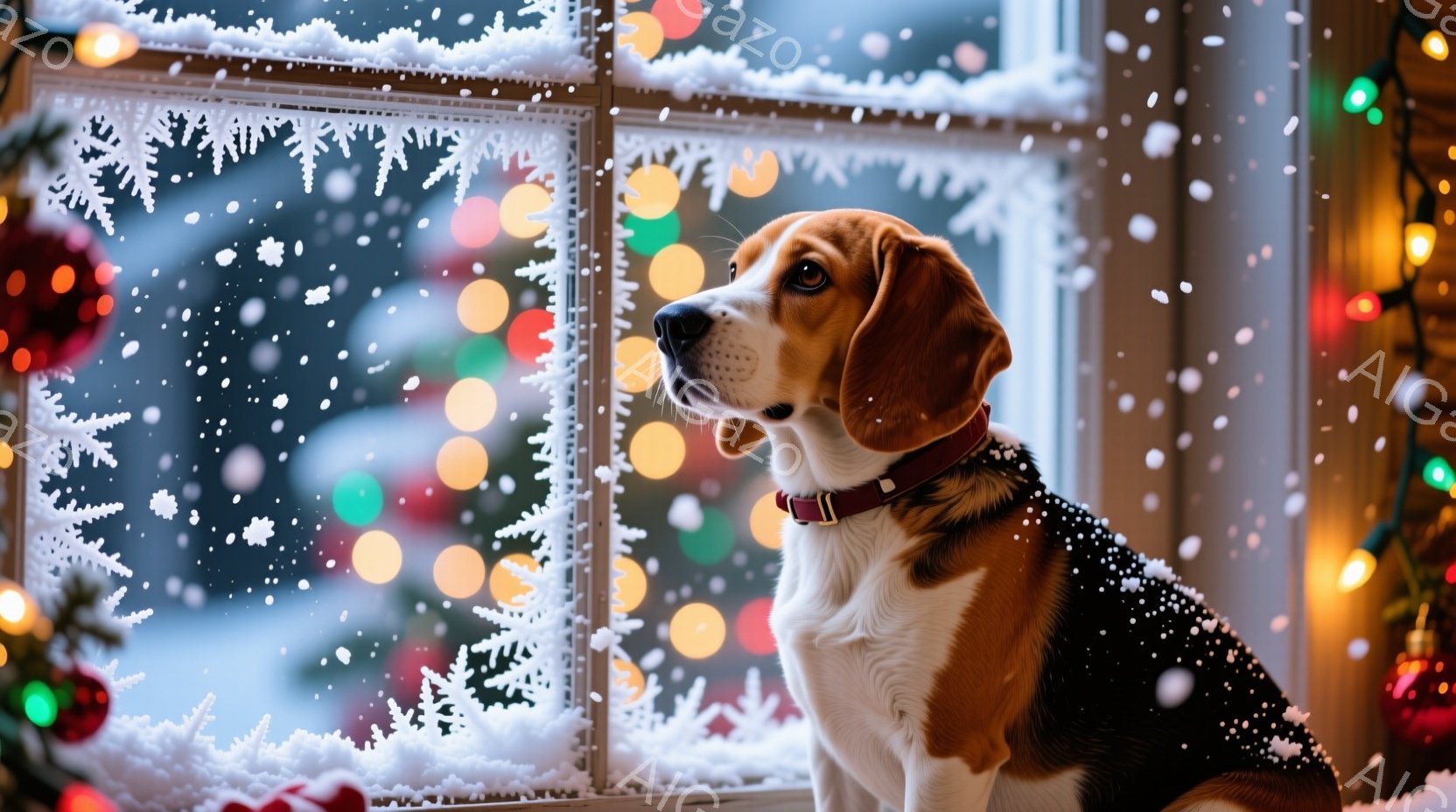 ビークル犬が雪が降る窓辺に座り、外を眺めている。犬は茶色と白の毛並みで、赤い首輪を付けている。背景にはぼやけたクリスマスツリーの光と雪景色が広がり、暖かく穏やかな冬の雰囲気が漂っている。 - AI生成フリー素材