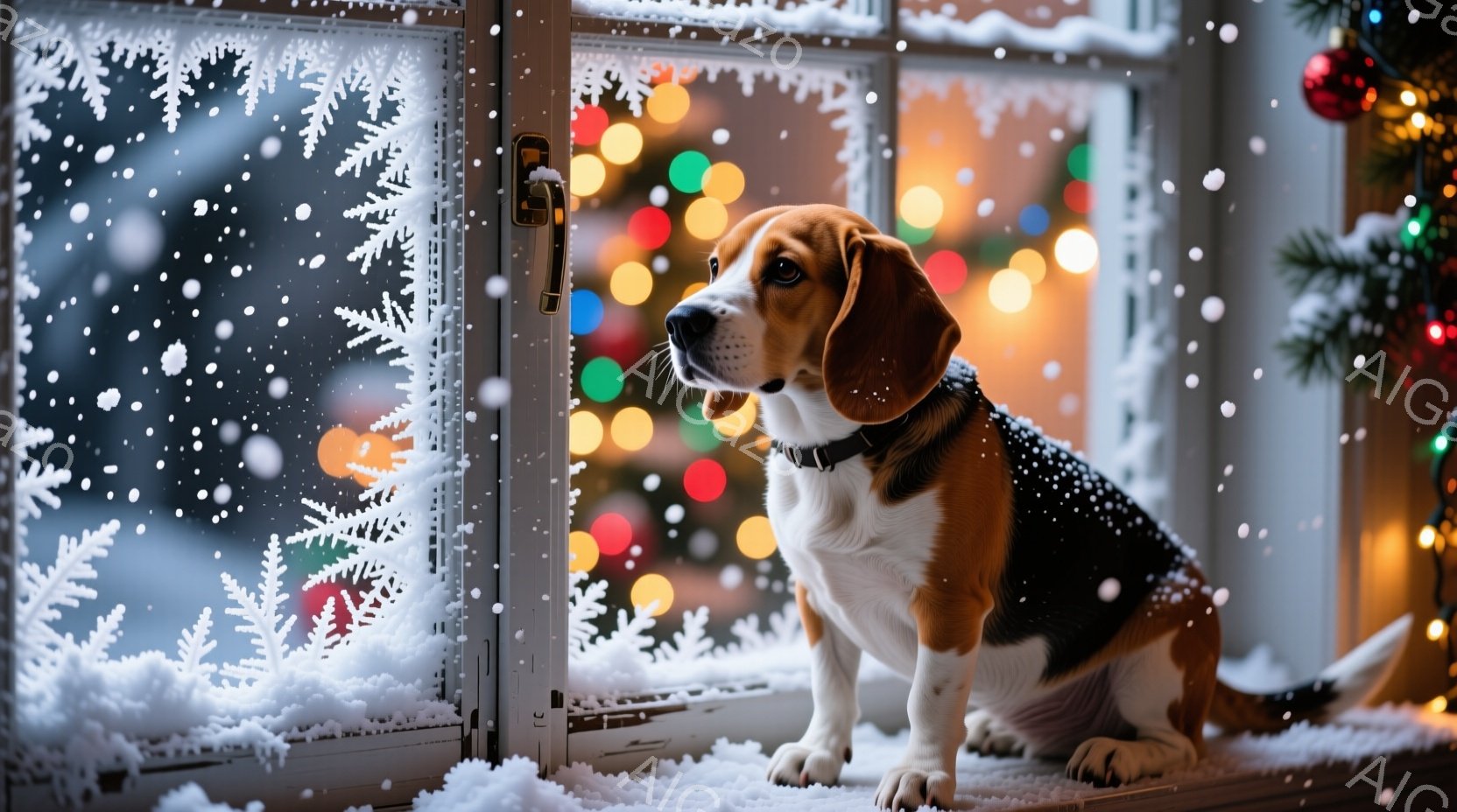 白い窓枠に座るビーグルの犬が写っています。背景にはクリスマスツリーの光がぼんやりと見え、雪が窓の外で降っています。犬は落ち着いた表情で、どこかを見つめており、全体的に温かく、穏やかなクリスマスの雰囲気が漂っています。