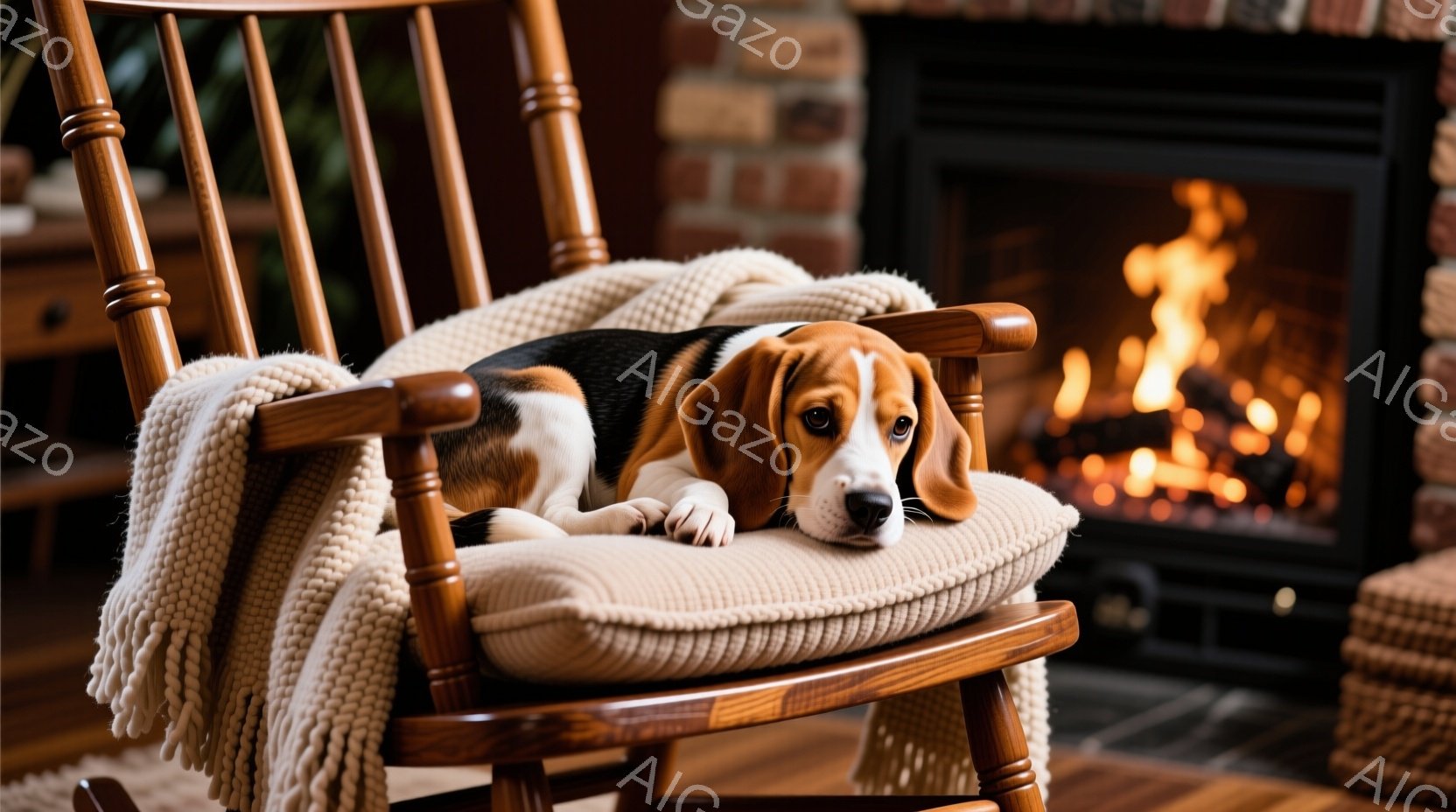 暖炉の前でロッキングチェアに横たわるビーグル犬が描かれています。犬はリラックスした表情で、ベージュ色のクッションと編み物のブランケットに包まれています。暖炉の炎と木製の床が、温かく居心地の良い雰囲気を - AI生成フリー素材