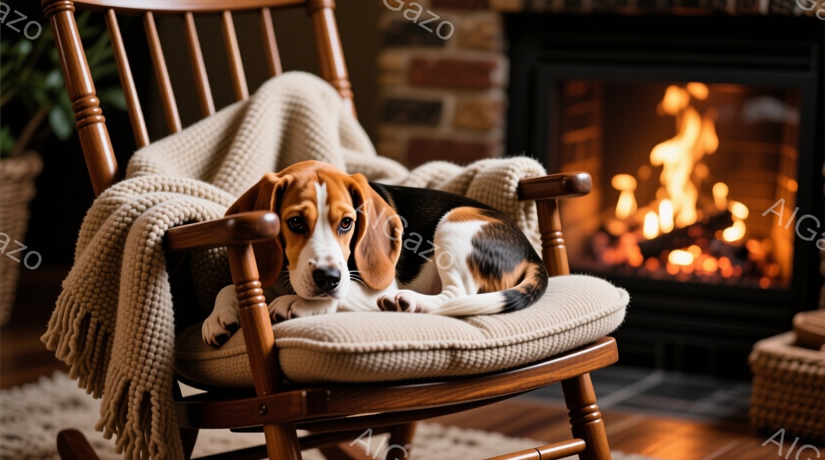揺り椅子に座ったビーグル犬が、リラックスした表情でこちらを見ている。椅子には柔らかそうな毛布がかけられており、背景には暖炉の炎が灯り、温かく落ち着いた雰囲気を醸し出している。全体的に、冬の暖炉の前でくつろぐ穏やかな光景が描かれている。