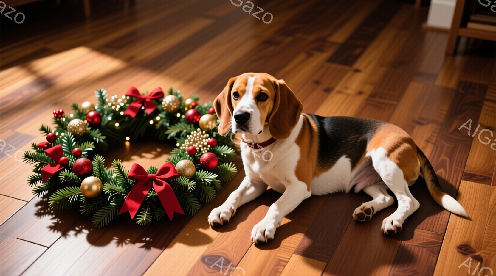 茶色のフローリングの上に、ビーグル犬が横たわっています。赤い首輪をつけており、表情は穏やかで、まっすぐカメラを見つめています。背景には、赤いリボンと金色のオーナメントで飾られたクリスマスリースが置かれ、暖かく、お祝いの雰囲気を醸し出しています。