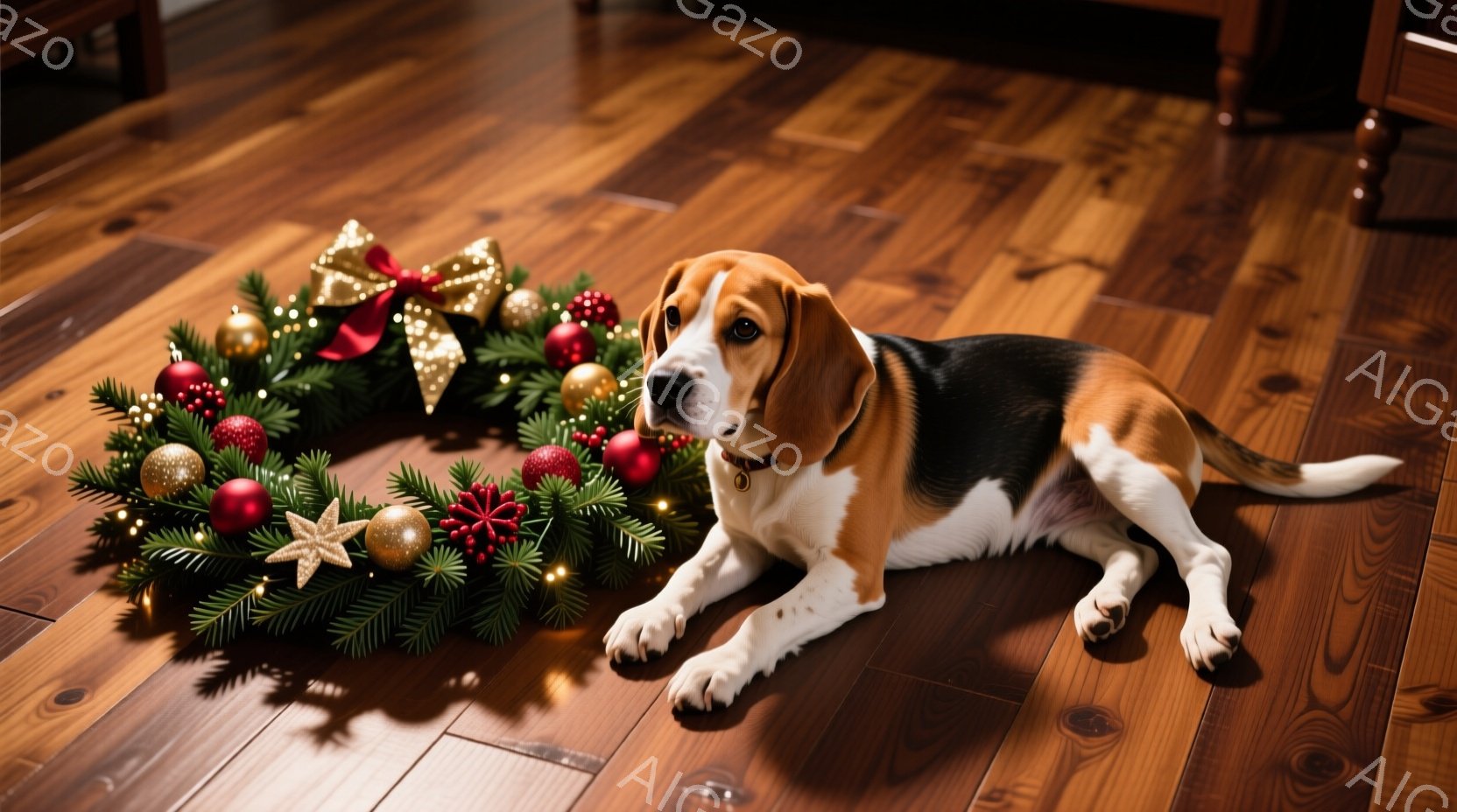 暖炉のそばと思われる木の床の上に、茶色と白のビーグル犬が横たわっています。犬はリラックスした様子で、正面を少し上を向いており、首輪をつけています。背景には、クリスマスオーナメントで飾られた緑のリースが - AI生成フリー素材