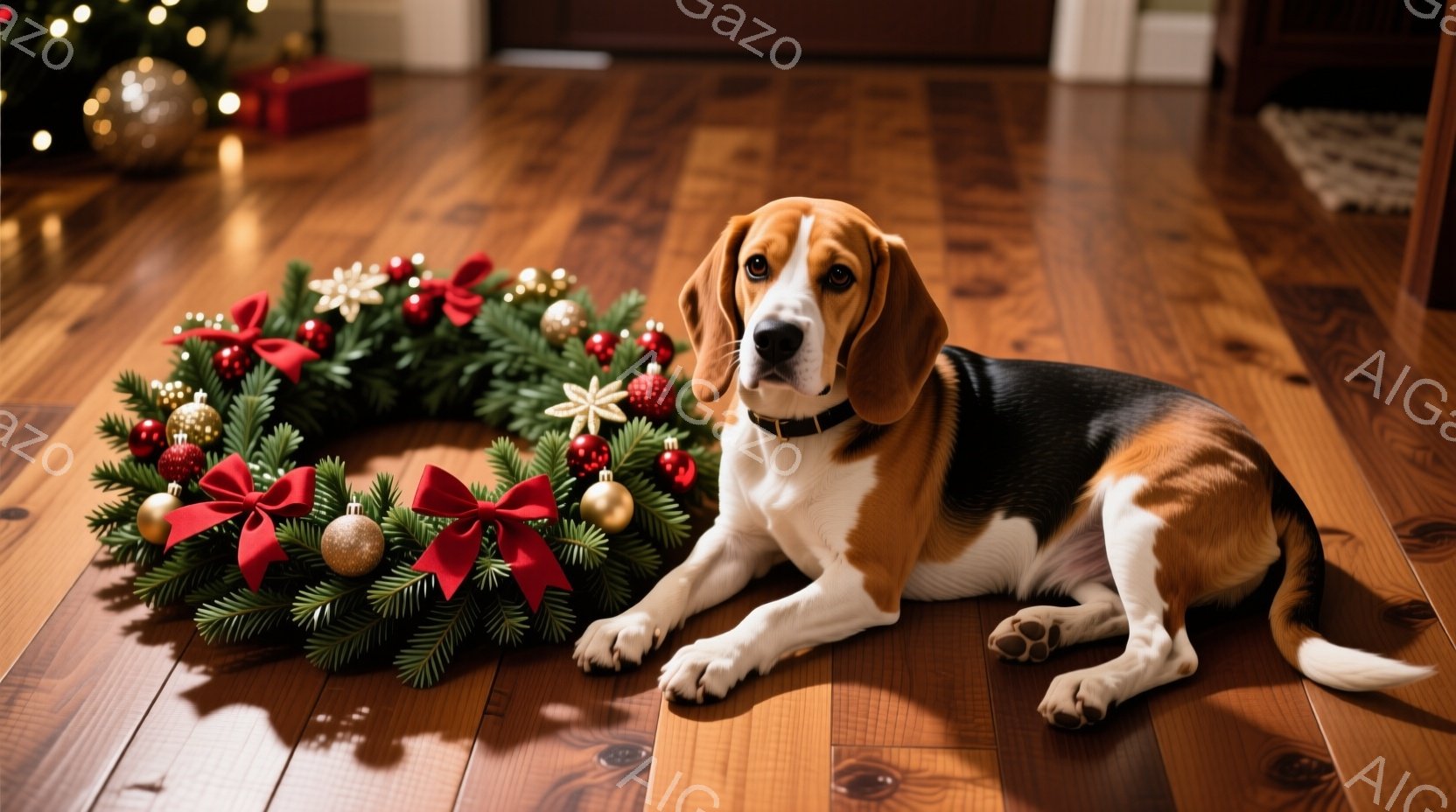 茶色と白のビーグル犬が木の床に横たわっており、赤いリボンと金色のオーナメントで飾られたクリスマスリースがすぐ隣にあります。犬は首輪をつけており、カメラに向かって穏やかな表情でこちらを見ています。背景に - AI生成フリー素材