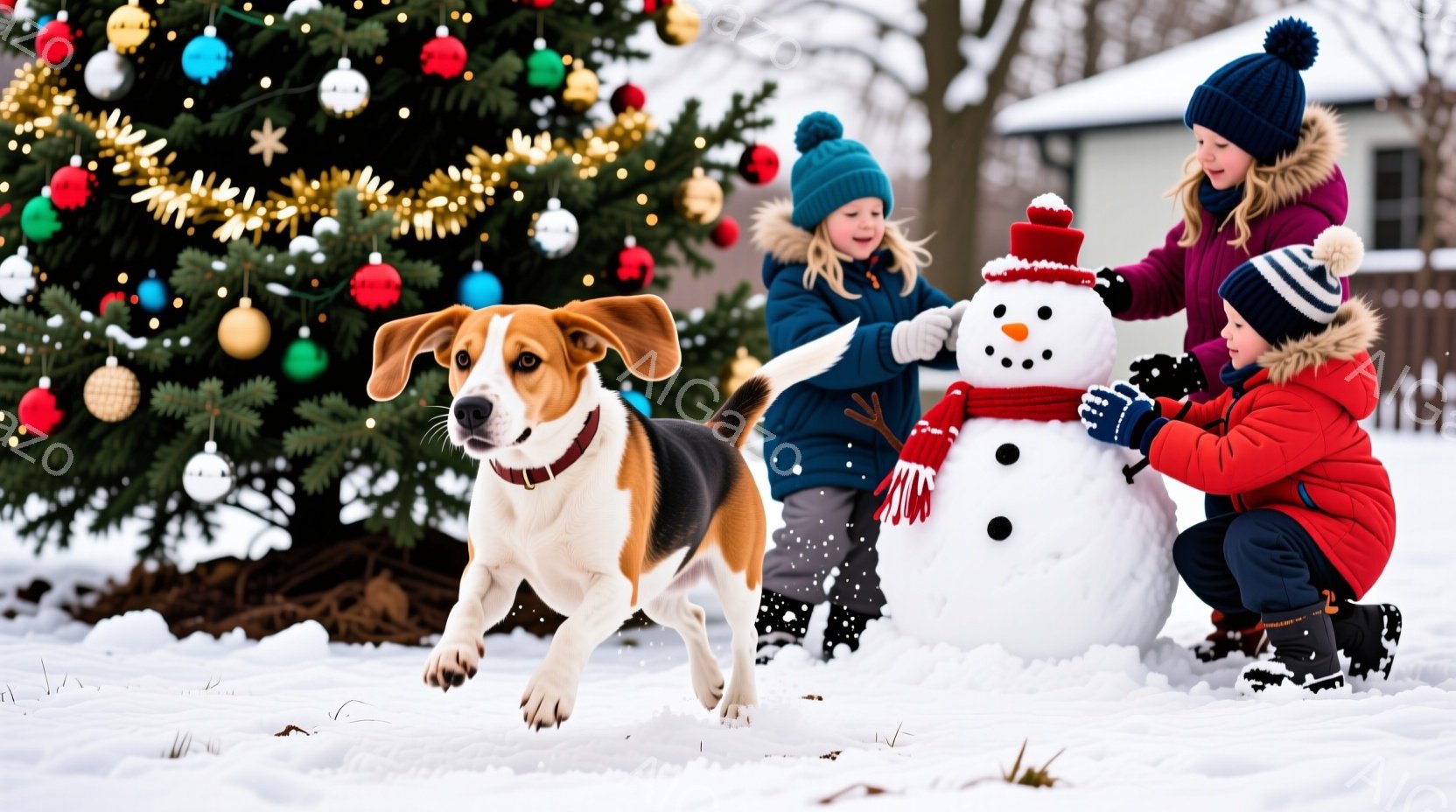 雪景色の中で、赤い毛並みの犬が元気に走り回っています。二人の子供は、手作りの雪だるまの周りで遊んでおり、女の子は赤い縞模様のマフラーを巻いて、雪だるまに飾り付けようとしています。背景にはクリスマスツリ - AI生成フリー素材