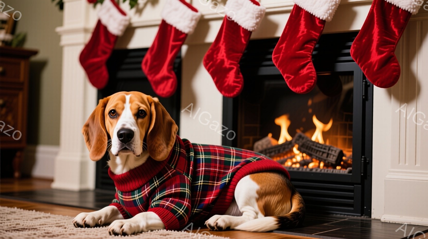 暖炉の前に、チェック柄のセーターを着たビーグル犬が横たわっています。犬はリラックスした表情で、カメラの方を見ています。背景には、クリスマスらしい赤い靴下が暖炉の上に飾られ、温かく心地よい雰囲気が漂って - AI生成フリー素材