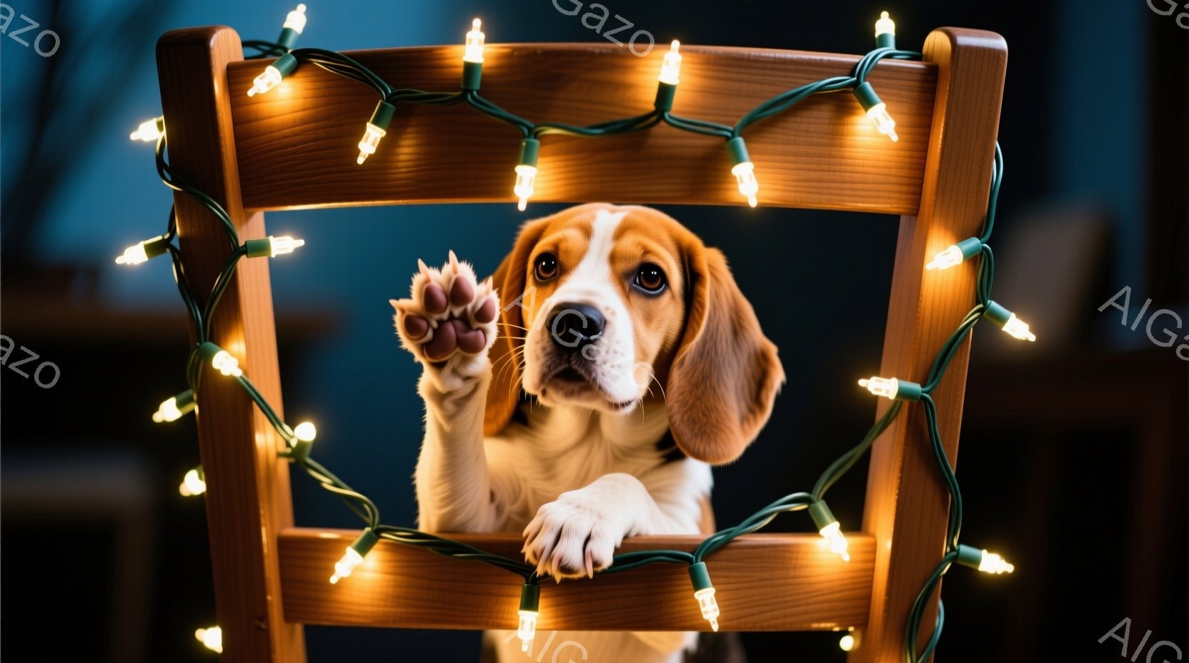 可愛らしいビーグル犬が、クリスマスツリーのイルミネーションで飾られた木の椅子の隙間から顔を出しています。犬は前足を伸ばして何かを掴もうとしているような仕草をしており、明るい茶色の瞳には好奇心が満ちてい - AI生成フリー素材