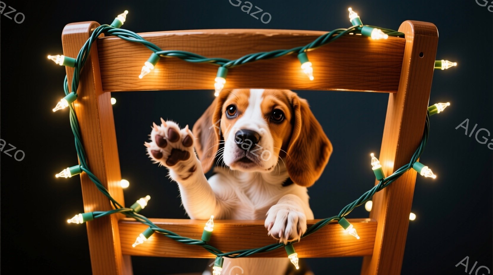 茶色の背もたれを持つ木製の椅子に、可愛らしいビーグル犬が前足をかけています。犬は少し上向きに顔を上げ、好奇心と遊び心のある表情をしています。背景は暗く、緑色のクリスマスライトが椅子を飾り、暖かい雰囲気 - AI生成フリー素材