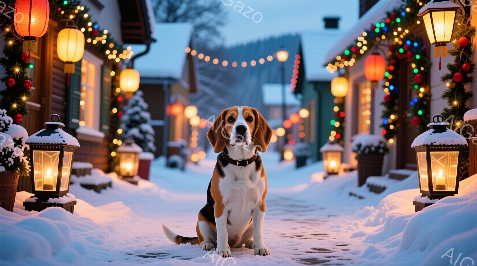 白い雪に覆われた道に、茶色と白のビーグル犬が座っています。犬は首輪をつけており、前方をまっすぐ見つめています。背景には、クリスマスイルミネーションで飾られた建物が並び、冬の穏やかな雰囲気を醸し出してい - AI生成フリー素材