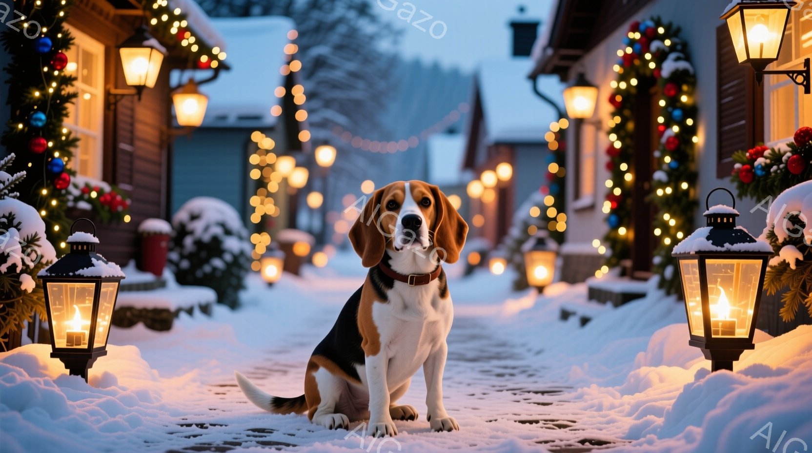 雪に覆われた通りの真ん中に、トライカラーのビーグル犬が座っています。ビーグルは茶色の首輪をつけ、まっすぐ前を見て穏やかな表情をしています。背景にはクリスマス装飾が施された建物と灯りが灯ったランタンが並び、冬の暖かく幻想的な雰囲気を醸し出しています。