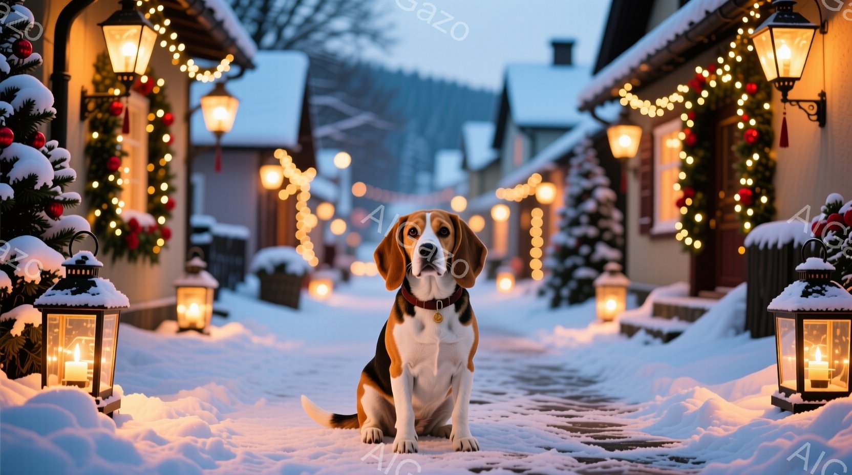 雪に覆われた通りに、茶色と白のビーグル犬が座っています。犬は首輪をつけており、まっすぐ前を見て穏やかな表情をしています。背景には、クリスマスツリーや点灯されたランタンで飾られた建物が並び、冬の暖かく穏やかな雰囲気を醸し出しています。