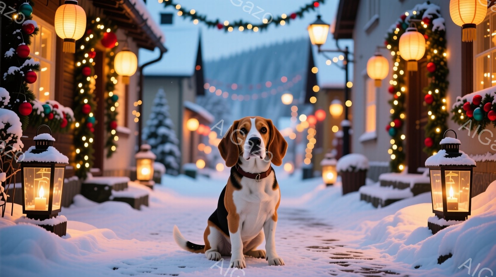 ビーグル犬が雪の積もった家の外の階段に座っています。犬は赤い首輪をつけており、真剣な表情で正面を見つめています。背景にはクリスマスのプレゼントの山と点灯したランタンがあり、冬の穏やかな祝祭の雰囲気を醸 - AI生成フリー素材