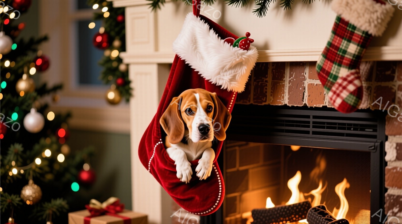 ビーグルの犬がクリスマスのトナカイの角を頭に付けて正面を見つめています。犬は茶色と白の毛並みで、表情は穏やかで、どこか誇らしげです。背景には緑豊かなクリスマスツリーが飾られ、金色のオーナメントが輝いて - AI生成フリー素材