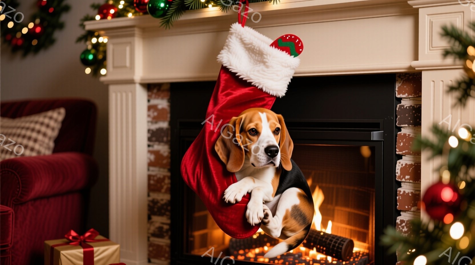 茶色と白のビーグル犬が、クリスマスを象徴するトナカイの角のヘッドバンドをつけて正面を見つめています。背景には、赤、金、緑のオーナメントで飾られたクリスマスツリーがぼやけており、お祝いの雰囲気を醸し出し - AI生成フリー素材