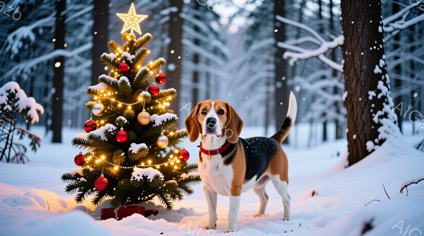 白い雪景色の中に、飾り付けられたクリスマスツリーと、その前に佇むビーグル犬が写っています。ビーグル犬は赤い首輪をつけており、少し前を見つめる穏やかな表情をしています。背景には雪に覆われた木々が立ち並び - AI生成フリー素材