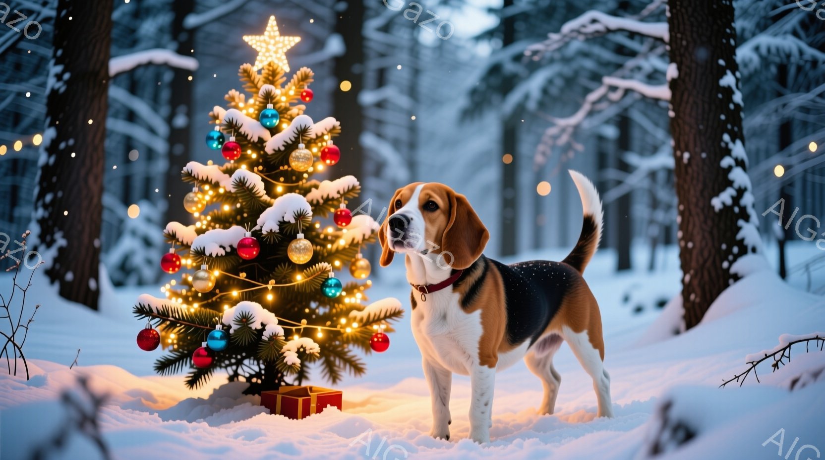 白い雪景色の中に、クリスマスツリーが飾られ、赤いギフトボックスがその下に置かれている。ビーグル犬がツリーの横に立ち、赤い首輪をつけ、自信を持って正面を見ている。背景には雪に覆われた木々が立ち並び、穏や - AI生成フリー素材