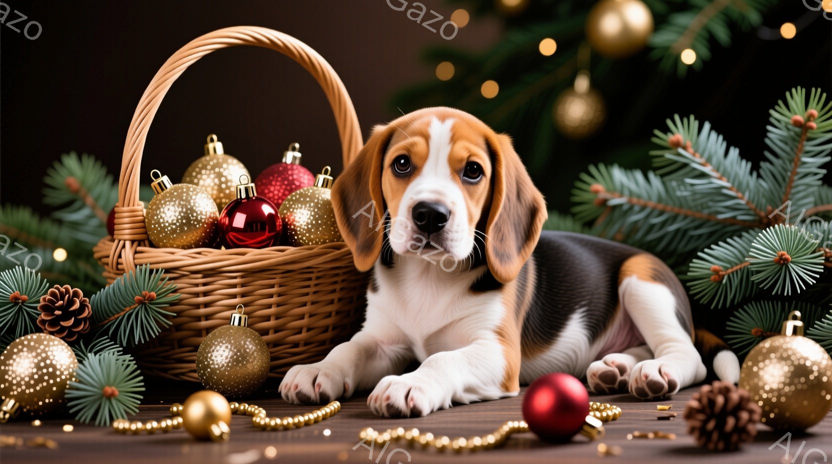 子犬が木の板の上に横たわり、籐製のバスケットとクリスマスオーナメントに囲まれています。子犬は茶色と白の毛並みで、好奇心と安らぎを湛えた表情をしています。背景には緑のクリスマスツリーの枝や松ぼっくりが配 - AI生成フリー素材