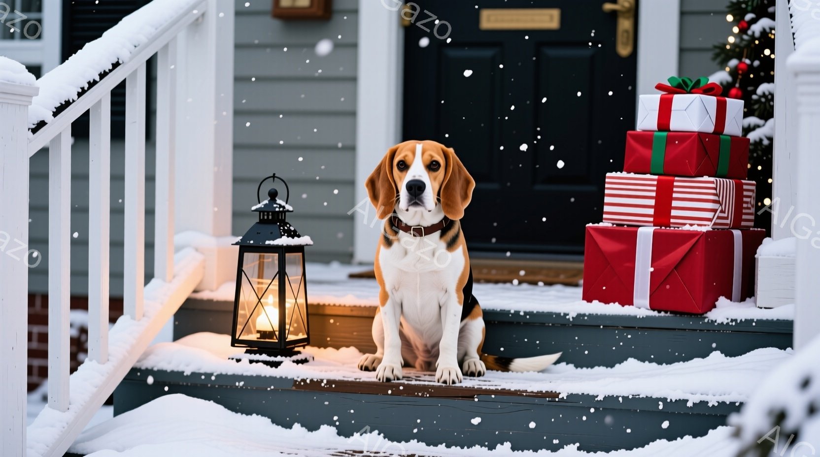 白い雪が降る家の外階段に、茶色と白のビーグル犬が座っています。犬は赤い首輪をつけており、前方をまっすぐ見つめており、穏やかな表情をしています。背景には、赤と緑のリボンで飾られたプレゼントの山と、点灯し - AI生成フリー素材