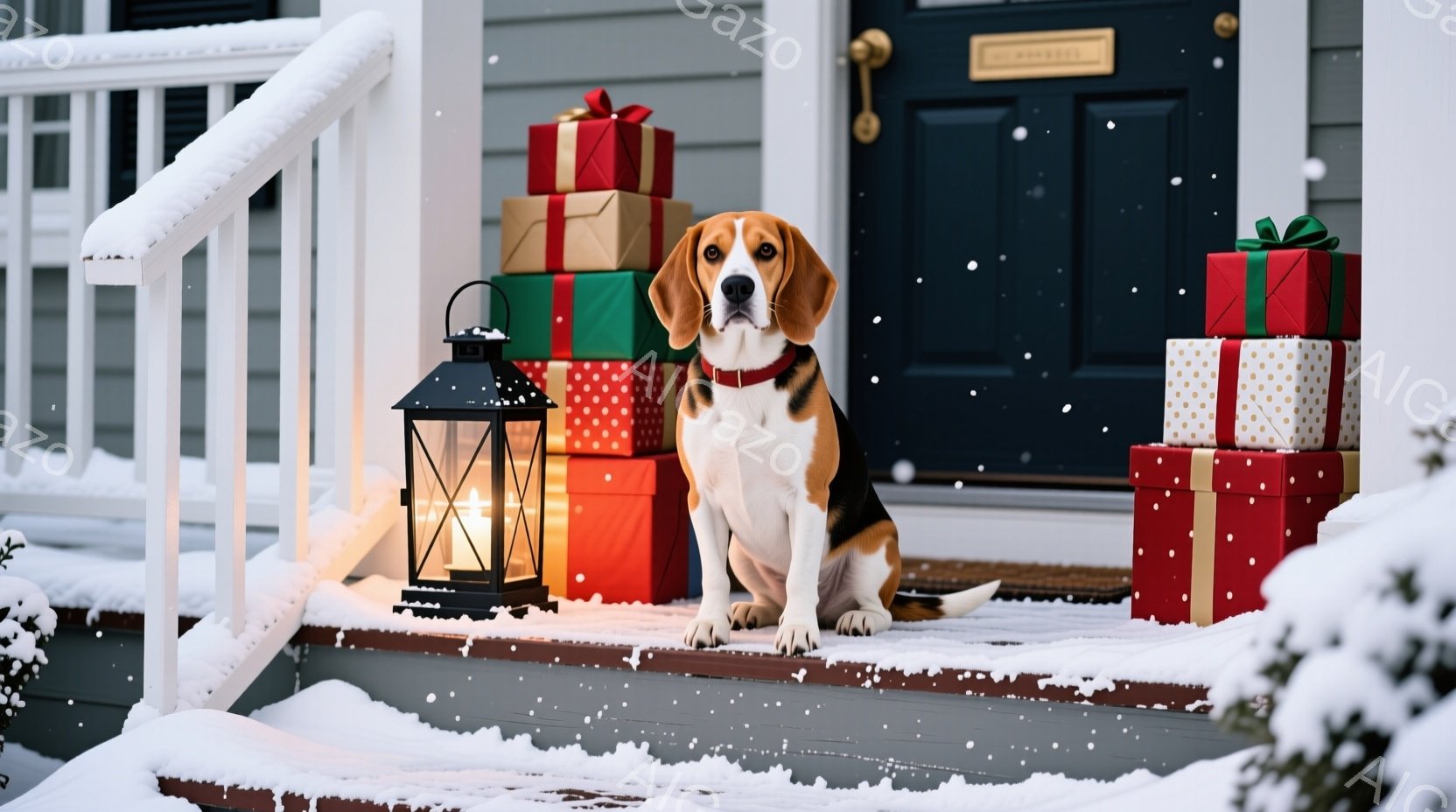 白い雪が降り積もる家のステップに、赤い首輪を付けたビーグル犬が座っています。犬の周りには、赤や金色の包装紙で飾られたプレゼントの山が積み上げられており、背景には暗い青色のドアと雪で覆われた階段が見えます。全体的に、暖かく、お祝いの雰囲気があり、クリスマスの準備をしている様子が伝わってきます。