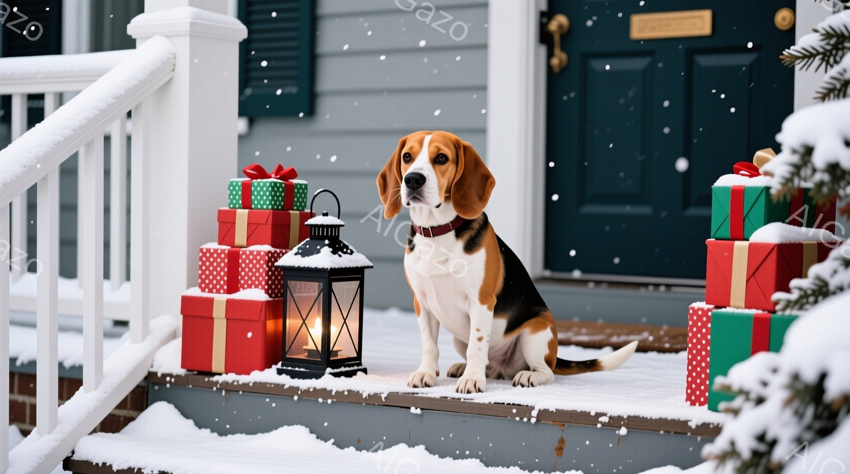 雪が降る家の外階段に、ビーグル犬が座っています。犬は赤い首輪を付け、まっすぐ前を見つめており、周囲にはプレゼントの箱と点灯したランタンが置かれています。背景には、緑色のドアと雪で覆われた階段、そして穏 - AI生成フリー素材