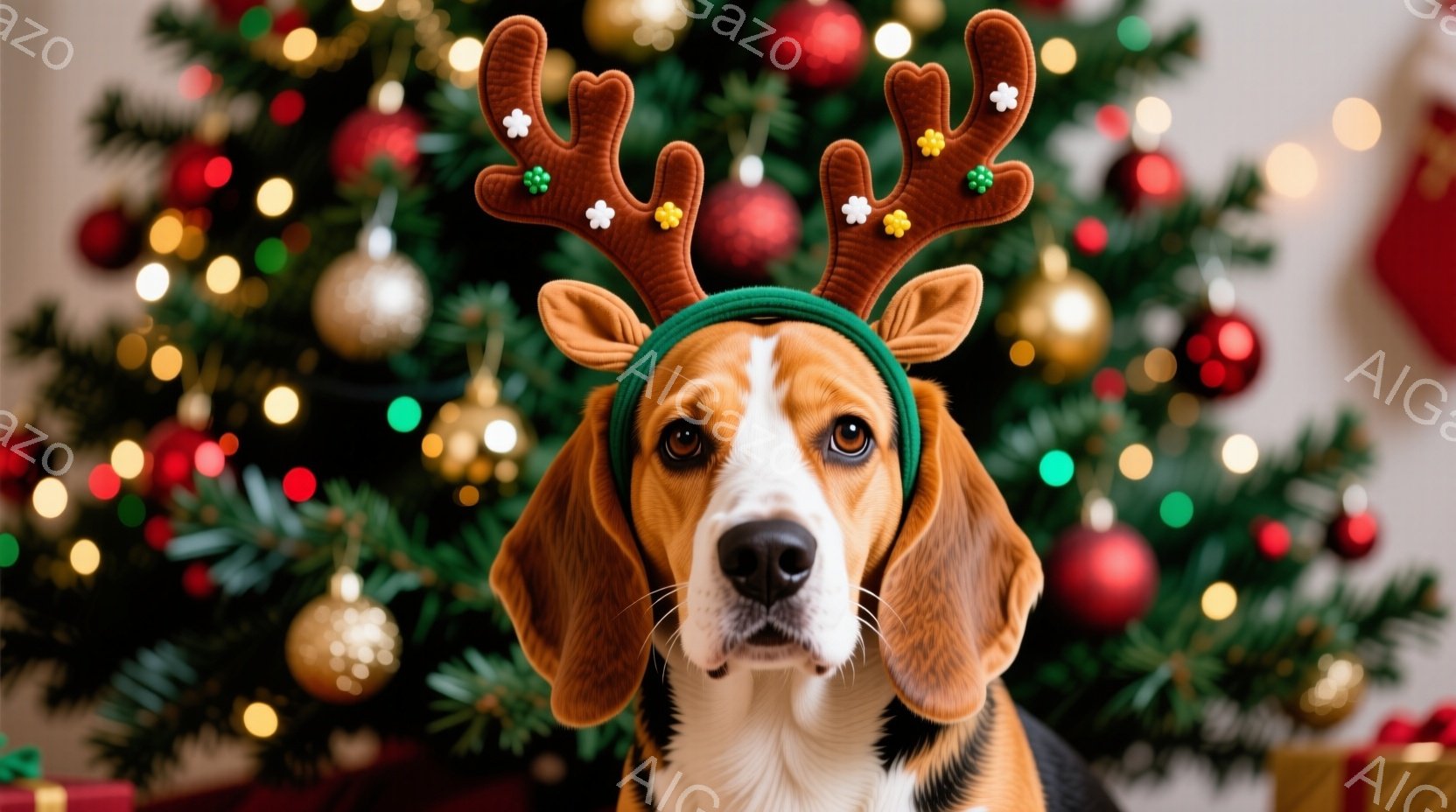 ビーグル犬がクリスマスツリーを背景に正面を見つめています。頭には緑色のヘッドバンドと角の飾りをつけており、可愛らしい表情をしています。背景には赤、金、緑のオーナメントで飾られたクリスマスツリーがあり、 - AI生成フリー素材